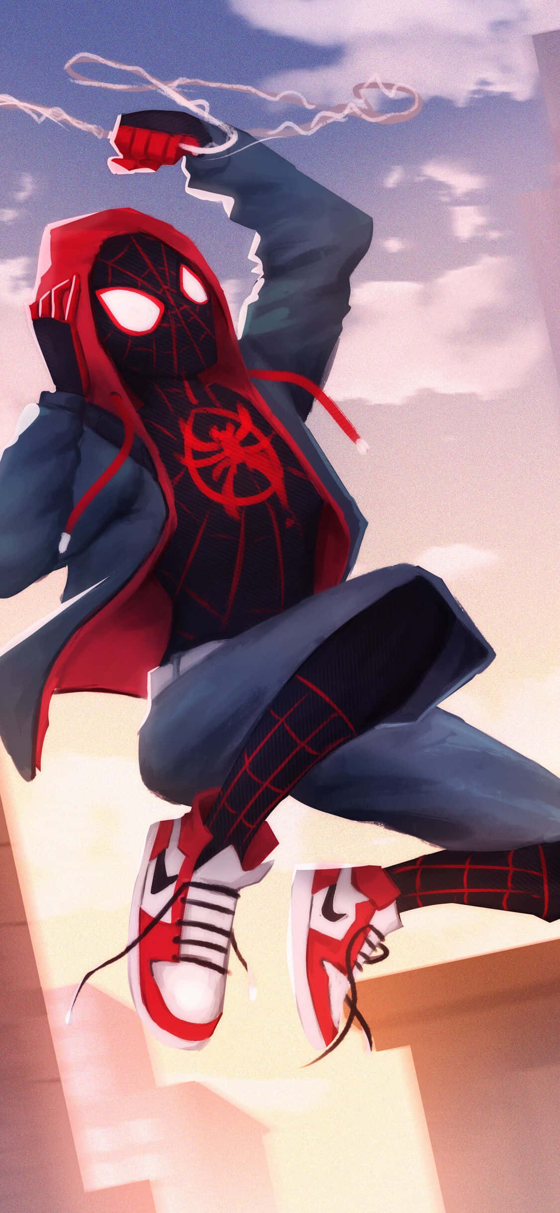 Auringonlaskun Taivas Marvelin Kuvitteellisen Hahmon Miles Morales iPhonen Kanssa Taustakuvat