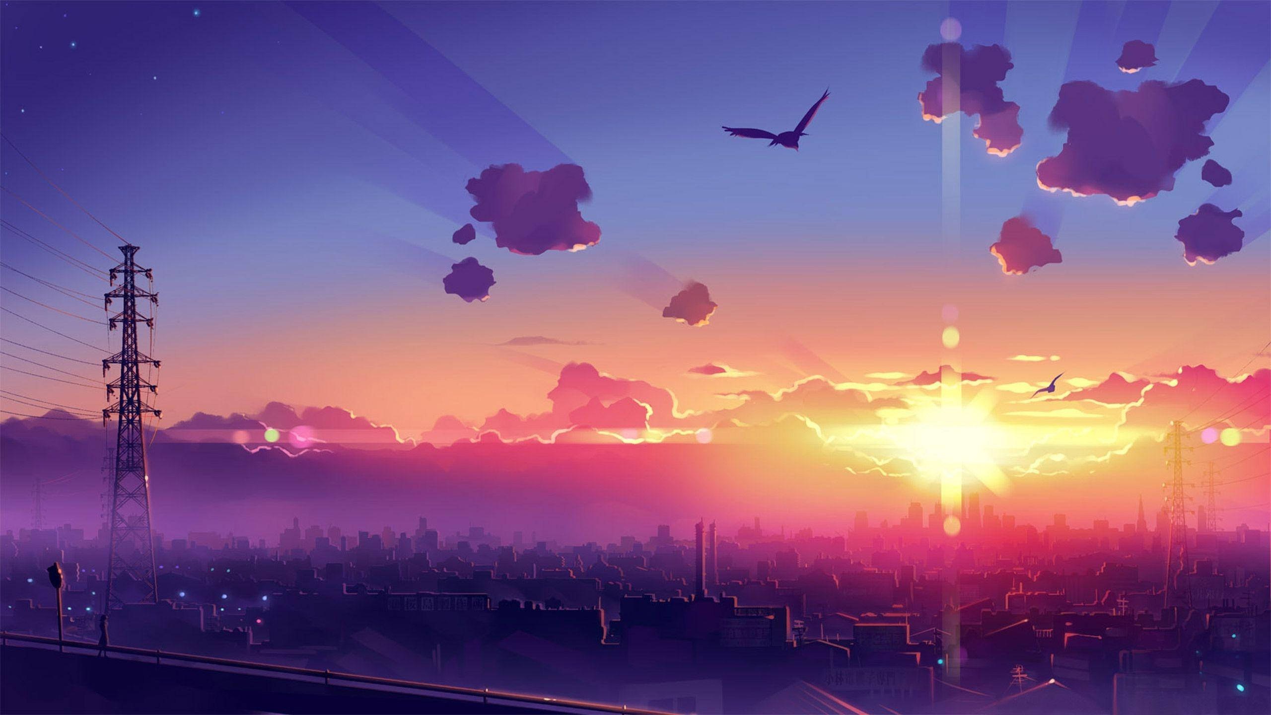 Aurinko laskee kaupungin yllä esteettinen anime maisema Taustakuvat