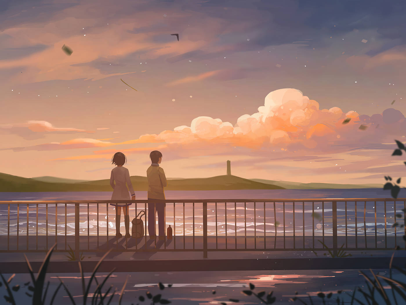 Aurinkolasku Esteettinen Anime Pari Taustakuvat