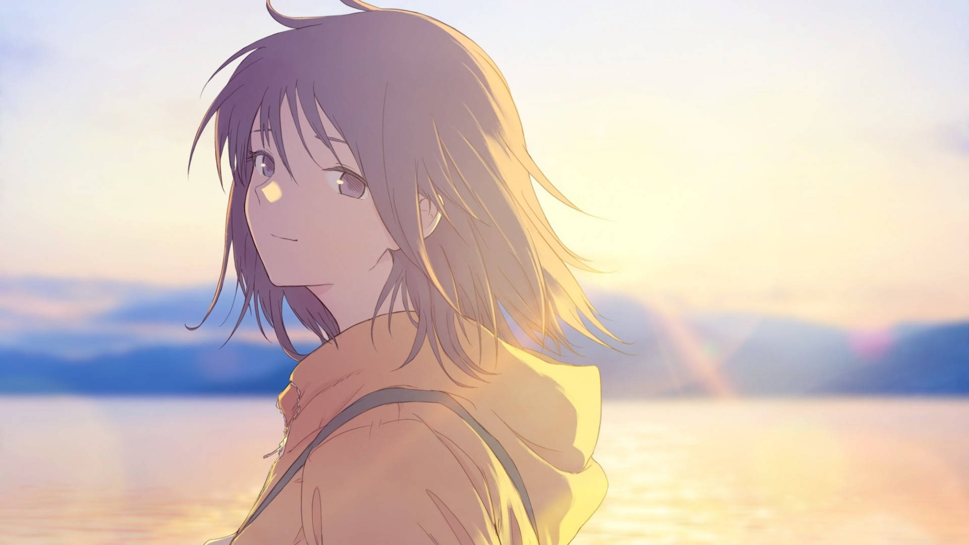 Aurinkolaskun anime-tyttö hupparissa Taustakuvat