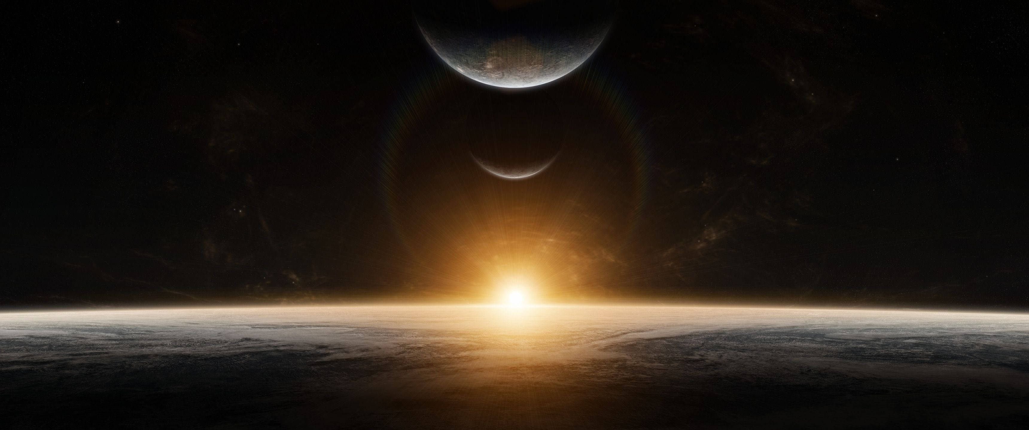 Avaruuden auringonnousu valaisee planeettoja Taustakuvat