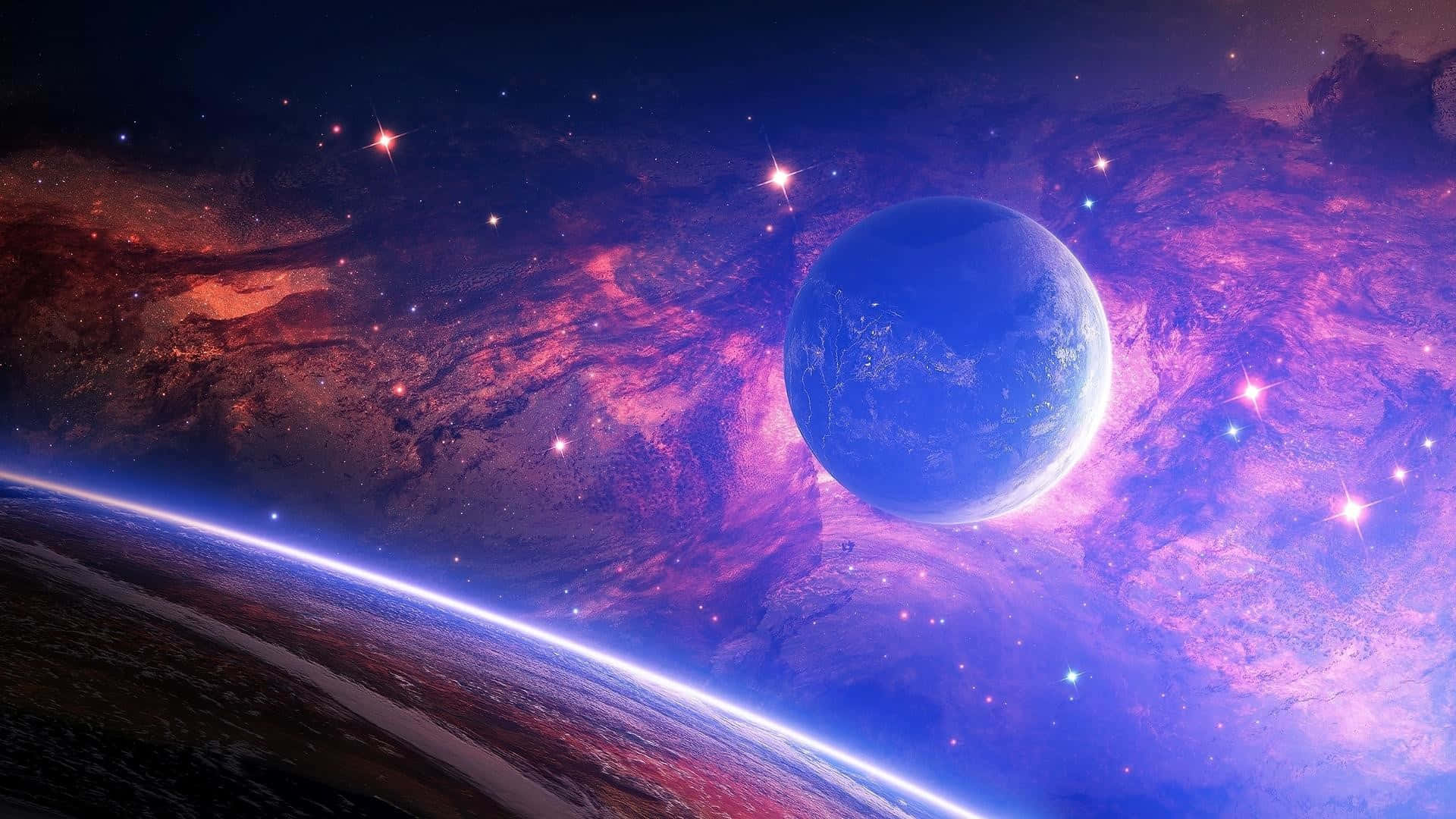 Avaruuspöytäkoneen kirkas valo ja planeetat taustalla Taustakuvat