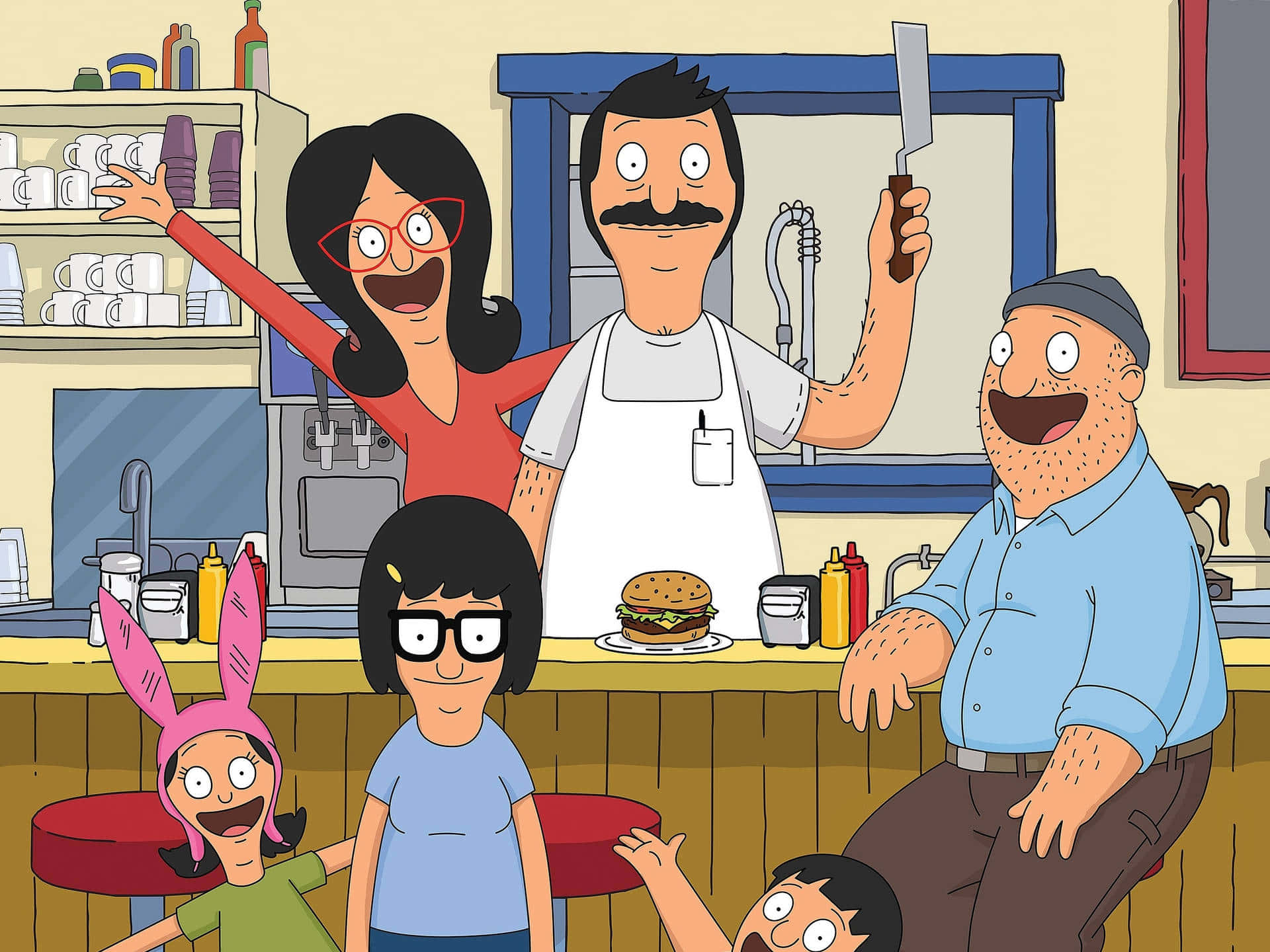 Belcherin perhe Teddy Bob's burgers -taustalla Taustakuvat