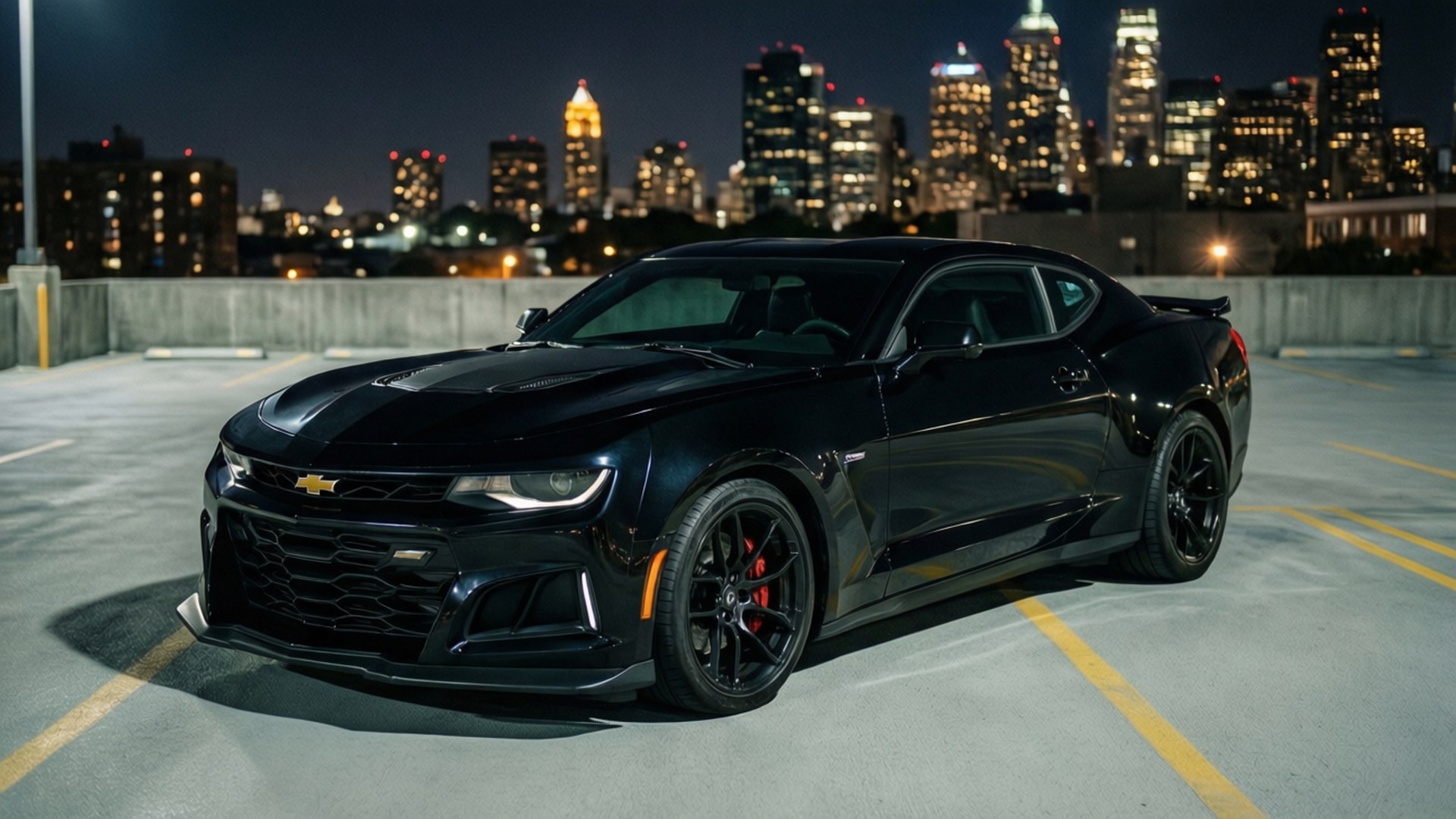 Musta Camaro ZL1 seisoo kattoparkkipaikalla, taustalla yökaupungin siluetti. — Hienot autot GIF Taustakuvat