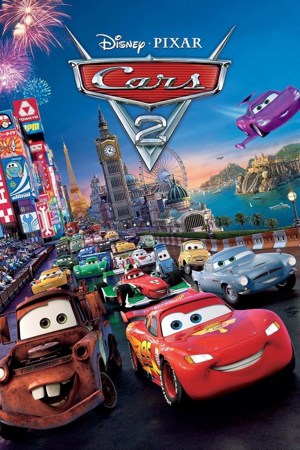 Cars 2 -elokuvajuliste autoilla ja ilotulituksilla Taustakuvat