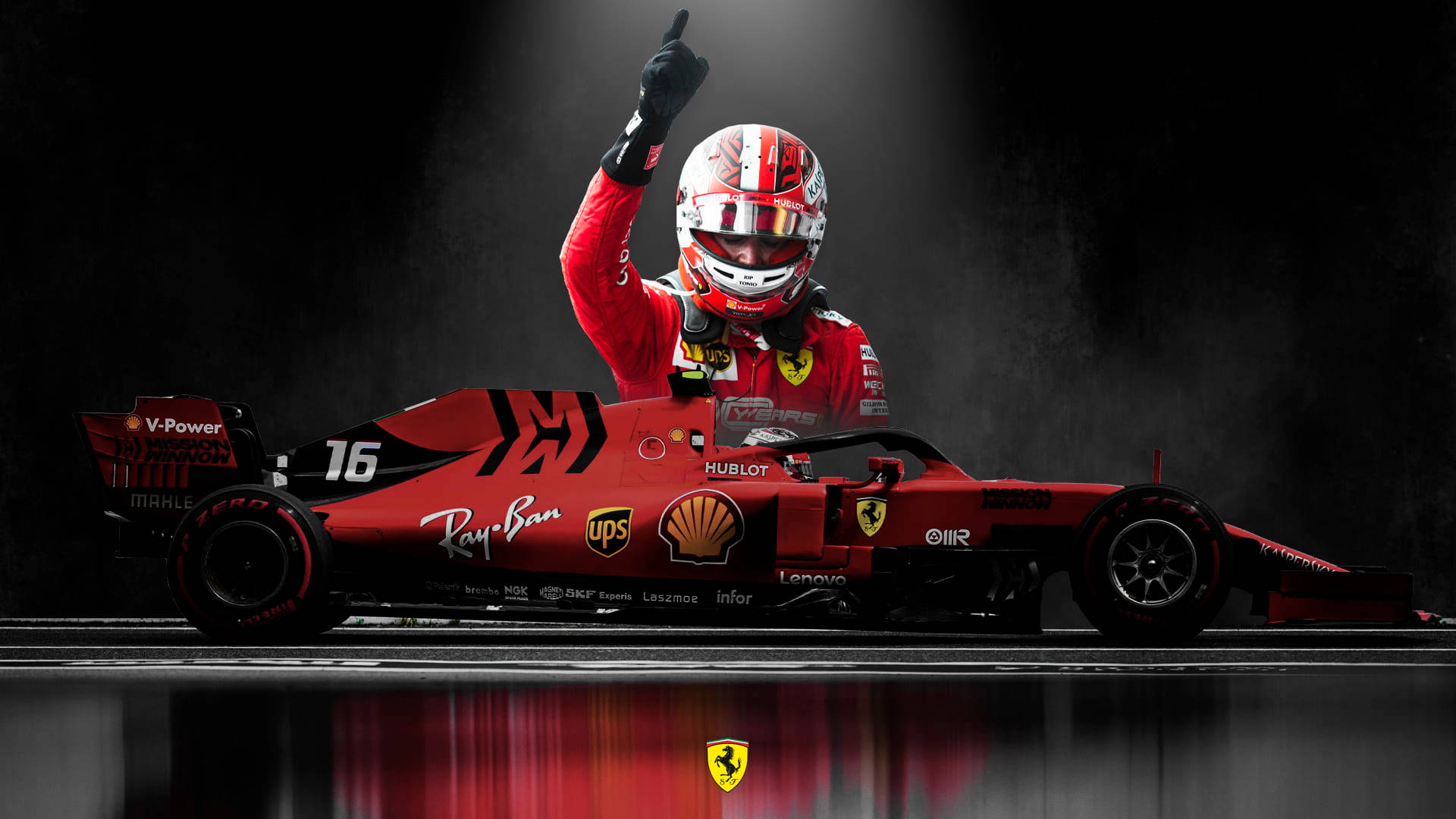 Charles Leclerc osoittaa ylös ja auton sivukuva Taustakuvat