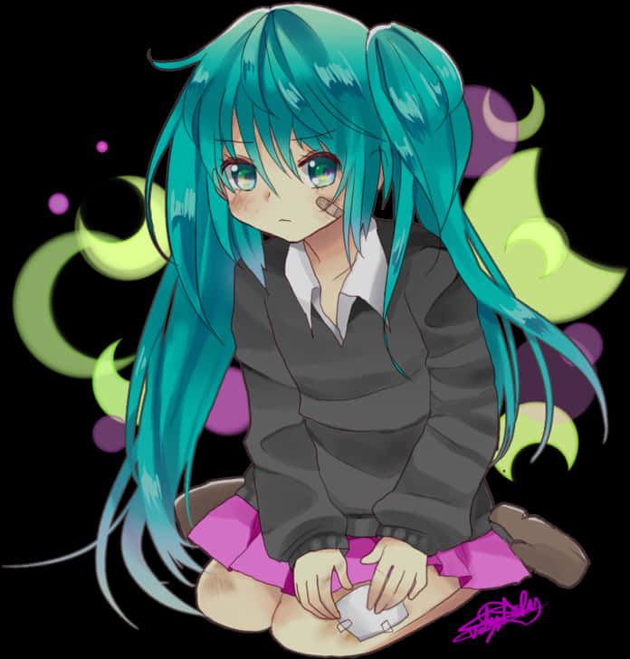 Chibi Miku istuu kuvituksessa Taustakuvat
