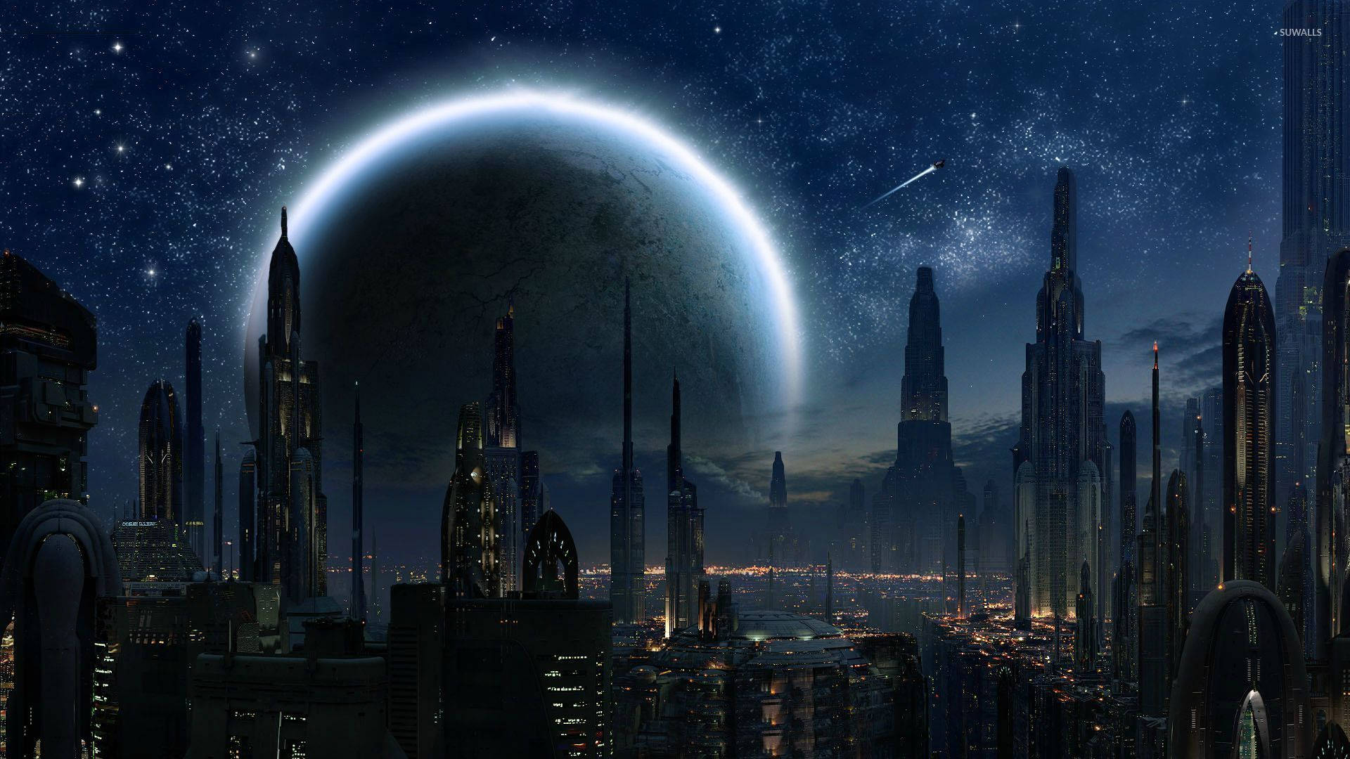 Star Wars -taustakuva korkeista rakennuksista ja suuresta kuusta Coruscantista modernissa kaupungissa.
