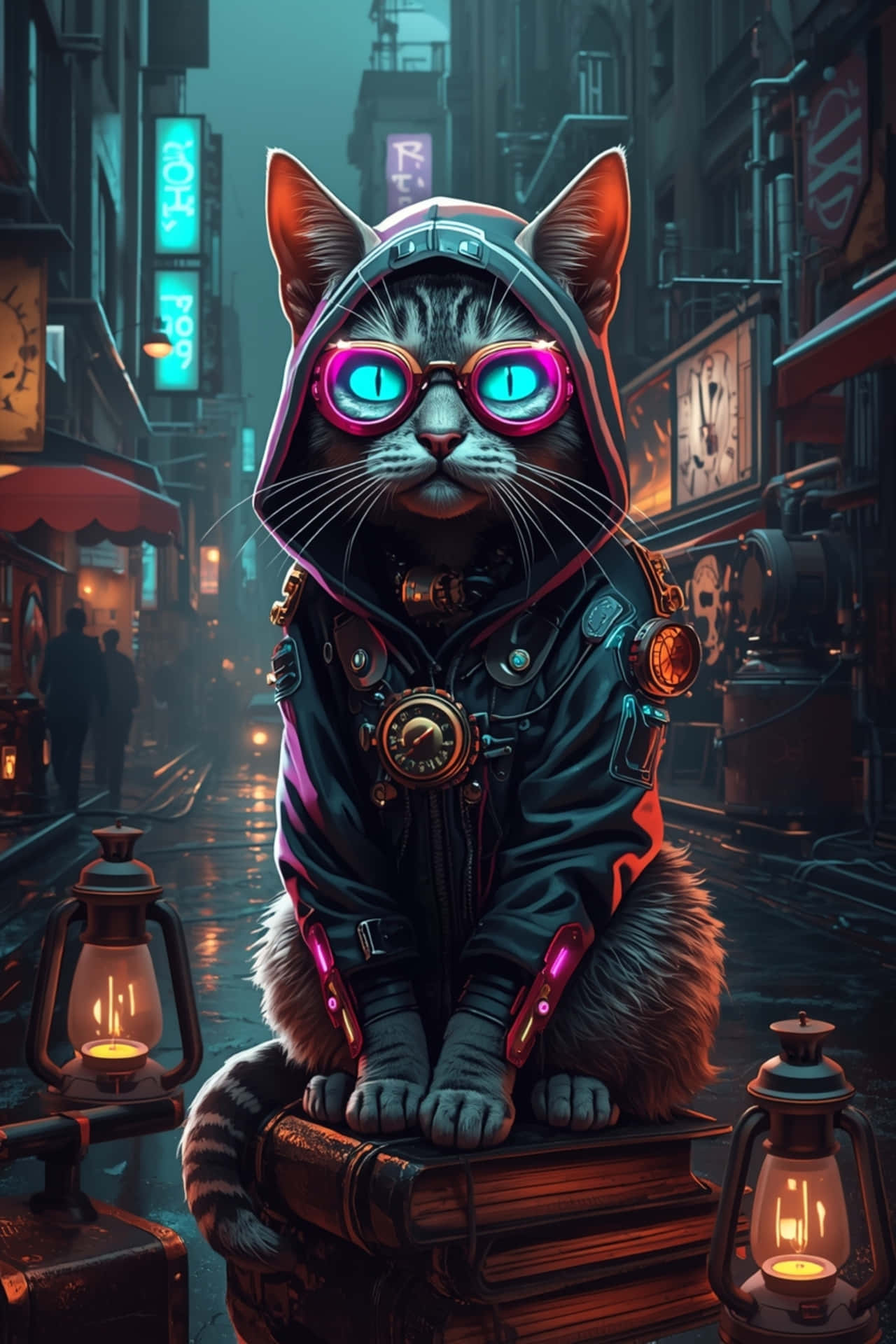 Cyberpunk Steampunk Kissa Neonlasit ja Huppari Tekniikkataustakuva Taustakuvat