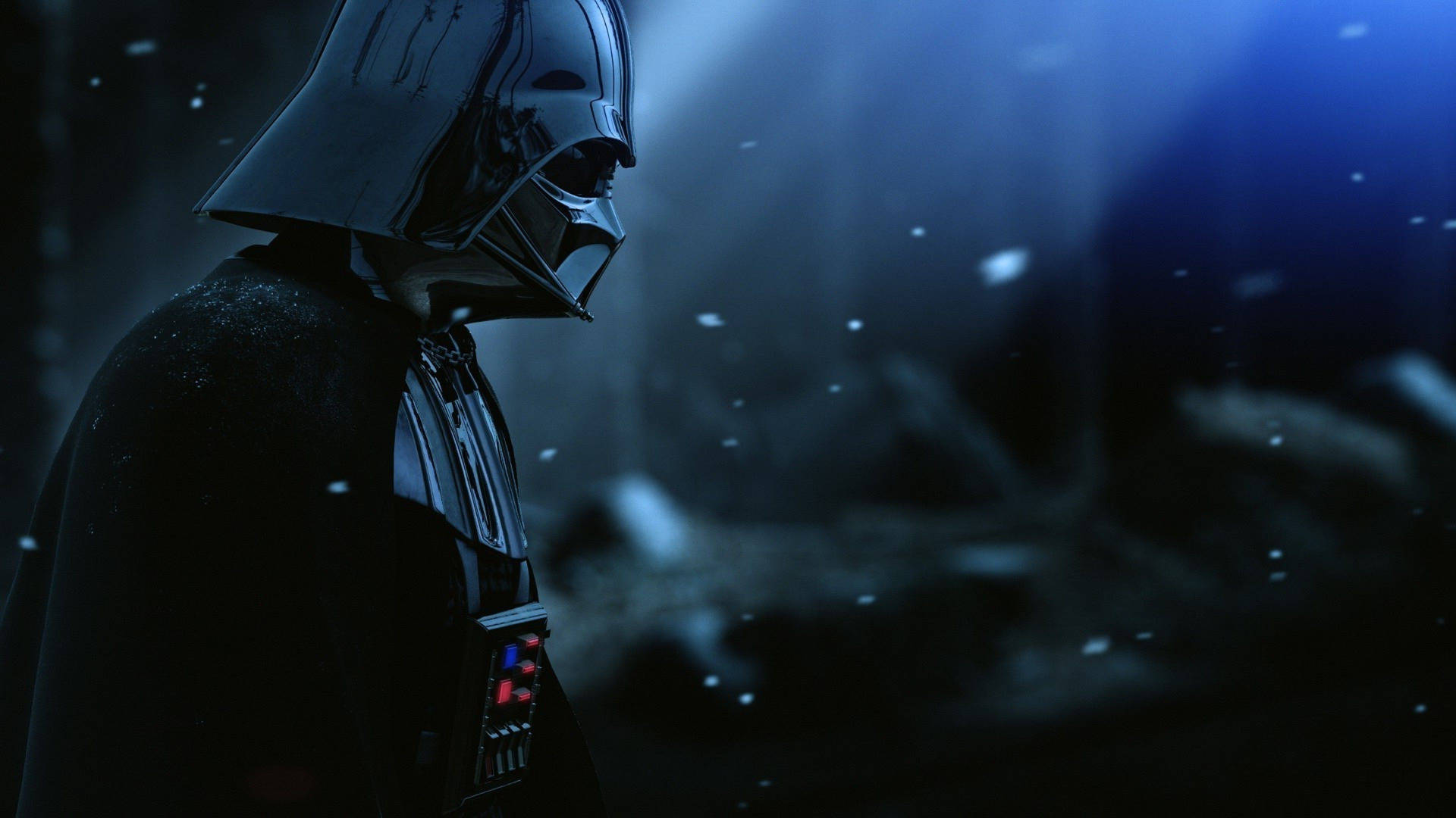 Star Wars -taustakuva Darth Vaderista sivulta katsottuna lumisateessa.