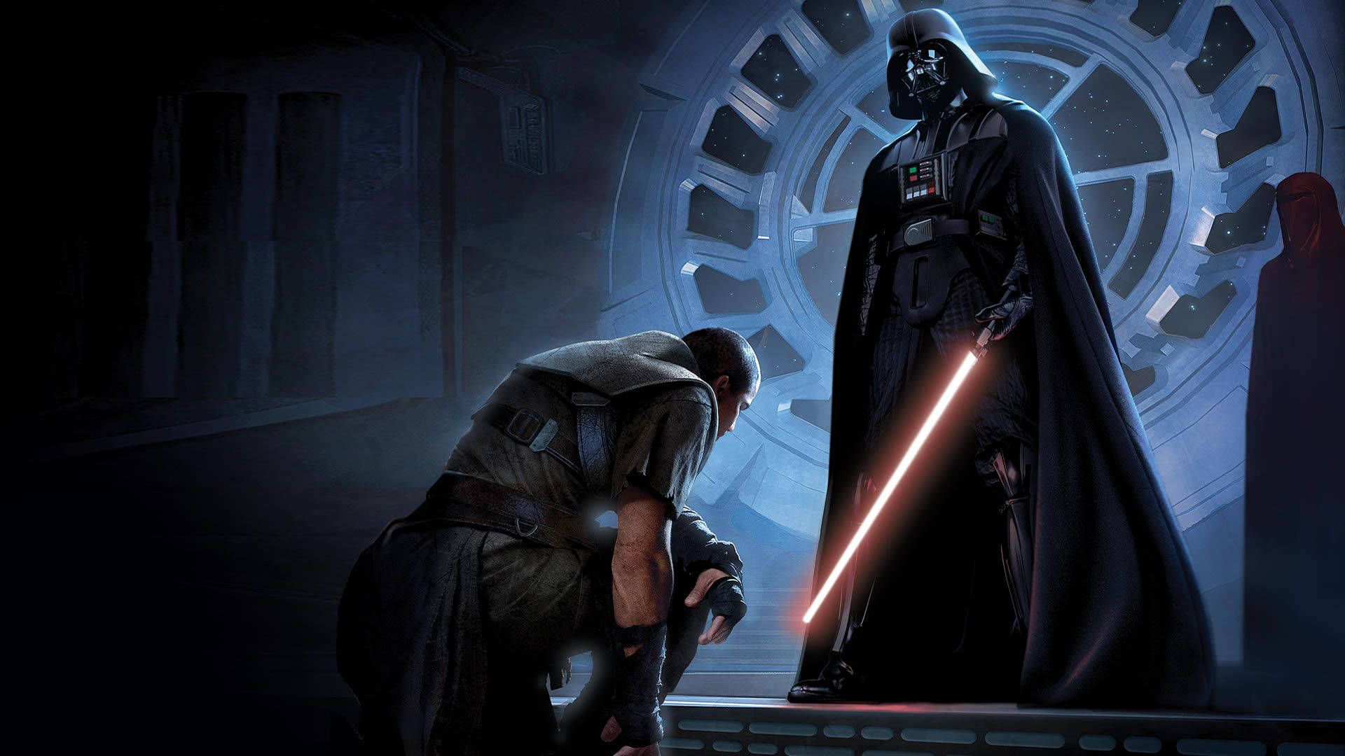 Star Wars -taustakuva Darth Vaderista palkitsemassa palvelijaansa, digitaalinen maalaus