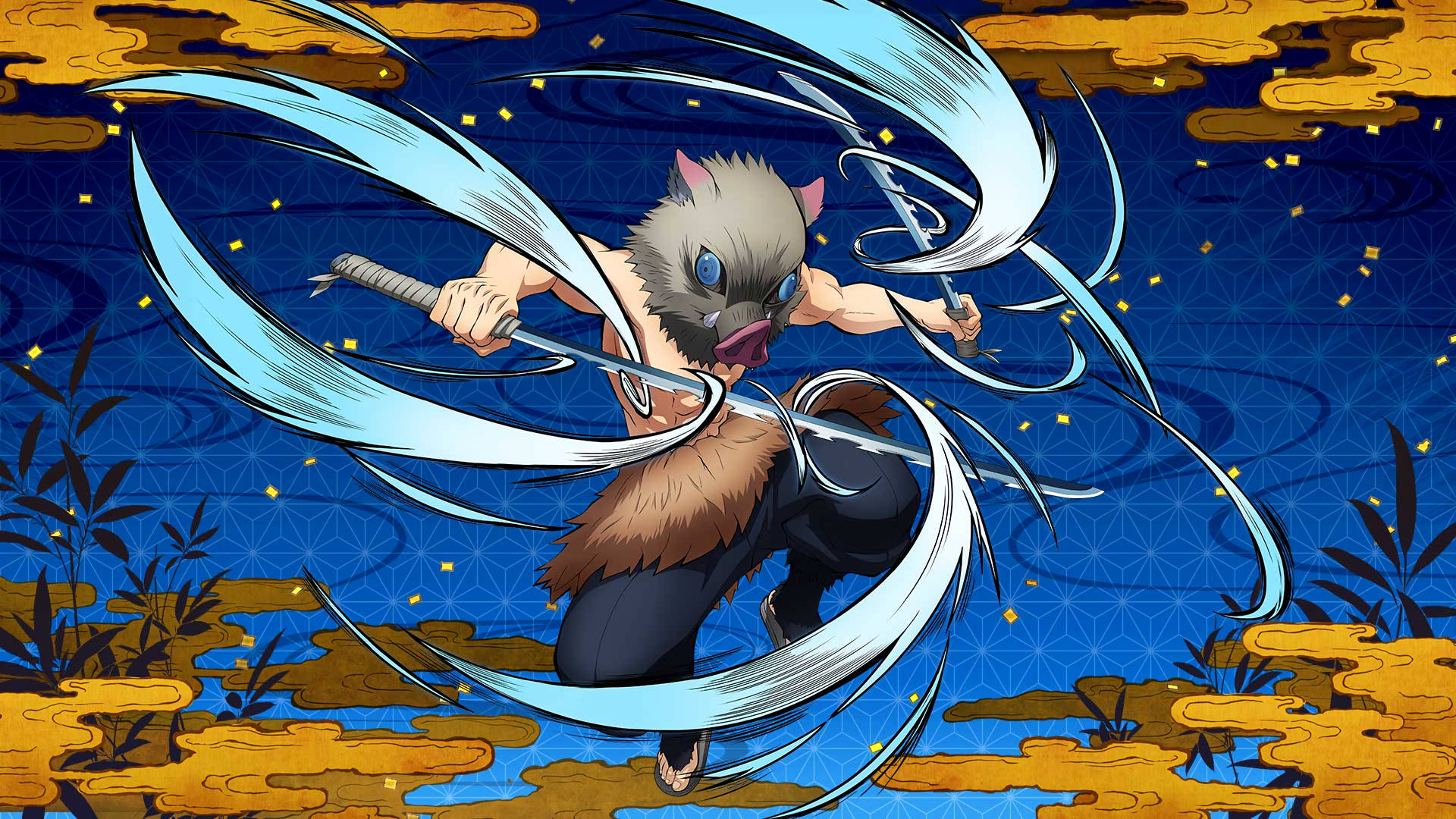 Demon Slayer Inosuke vesikiehkuroilla miekoissaan Taustakuvat
