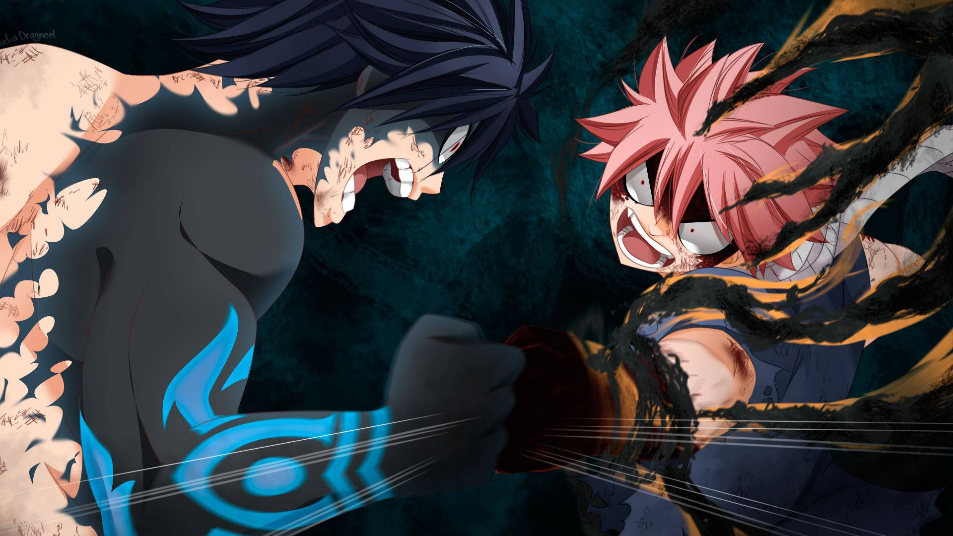 Demon Slayer -taustakuva Natsu Dragneelista taistelemassa Gray Fullbusterin kanssa Fairy Tailista.