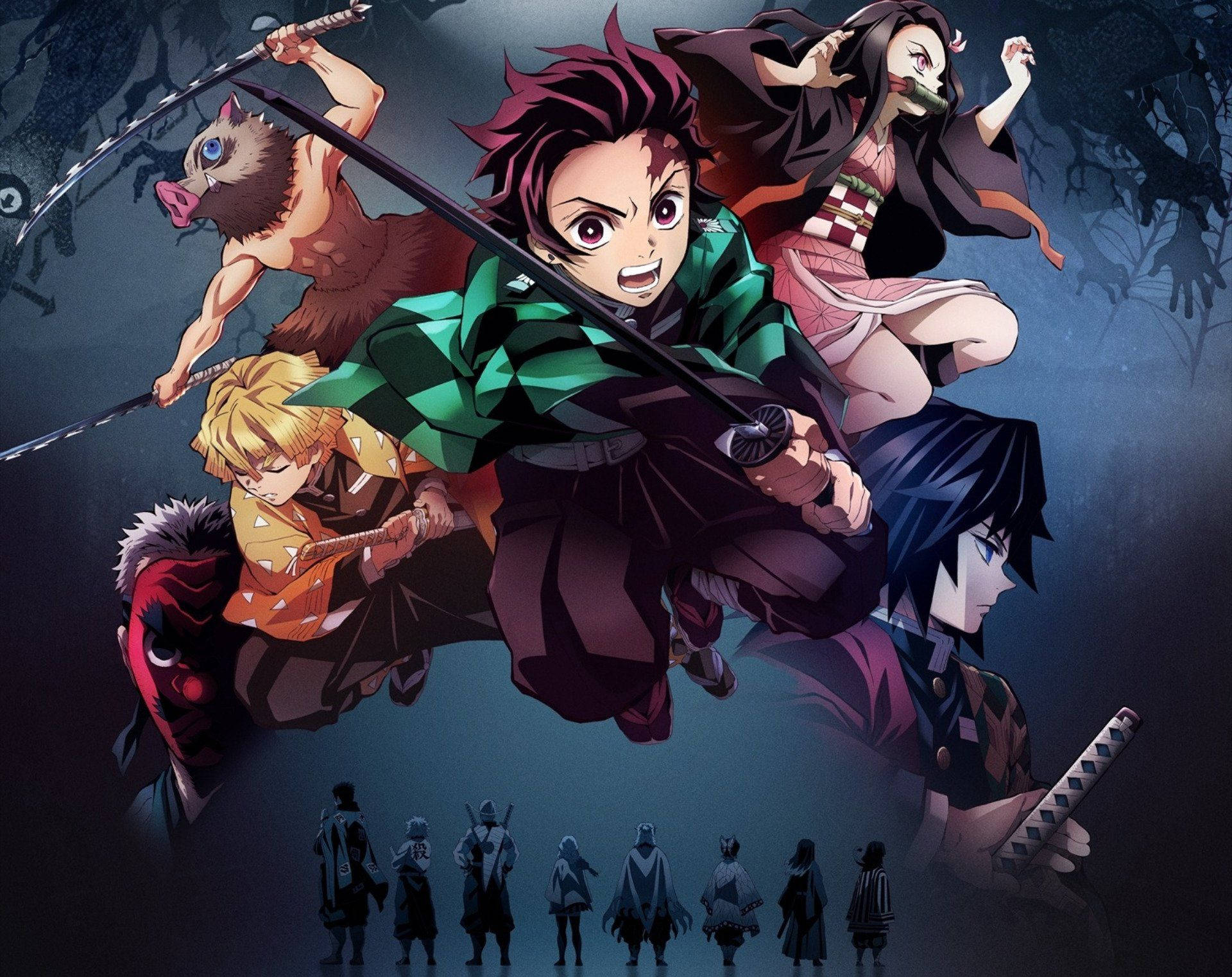 Demon Slayer -taustakuva Tanjirosta yhdessä Nezukon ja Hashirojen kanssa.