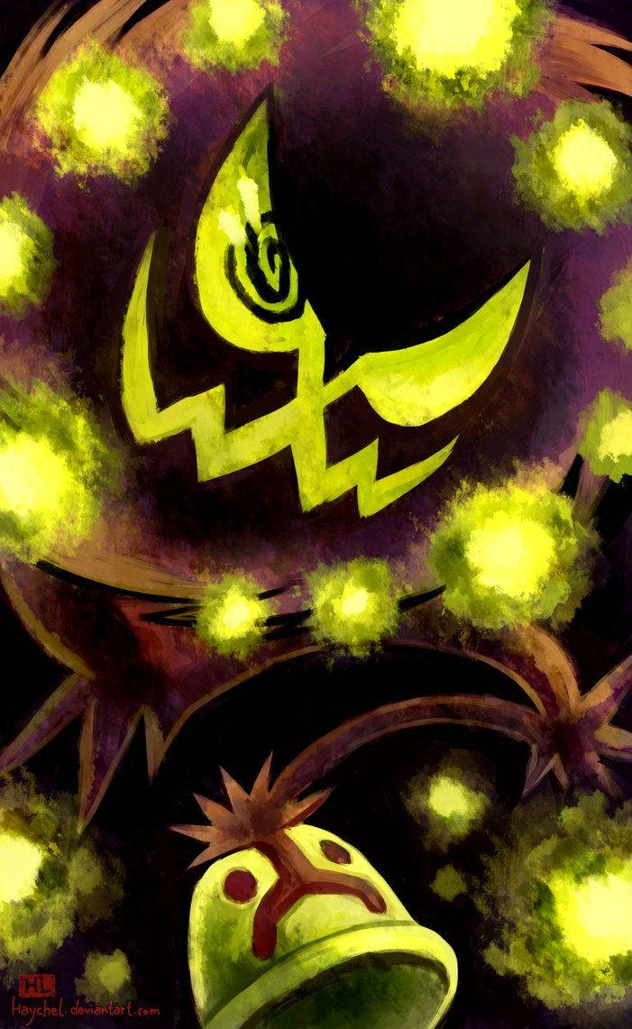 Deviantart-teos: Hehkuva vihreä Spiritomb Pokémonista varjoissa. Taustakuvat