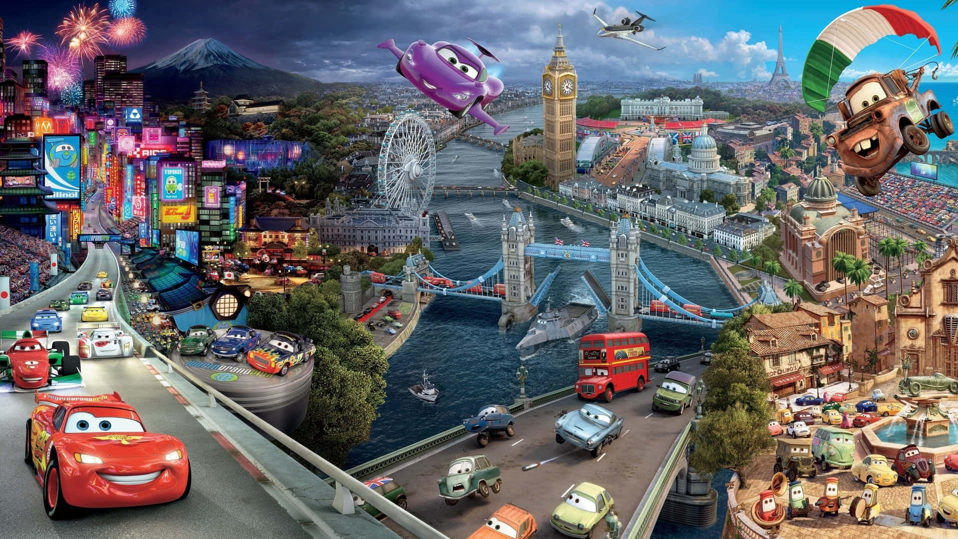 Disney Cars - kaupunki, jossa monet autot lentävät ympäriinsä Taustakuvat