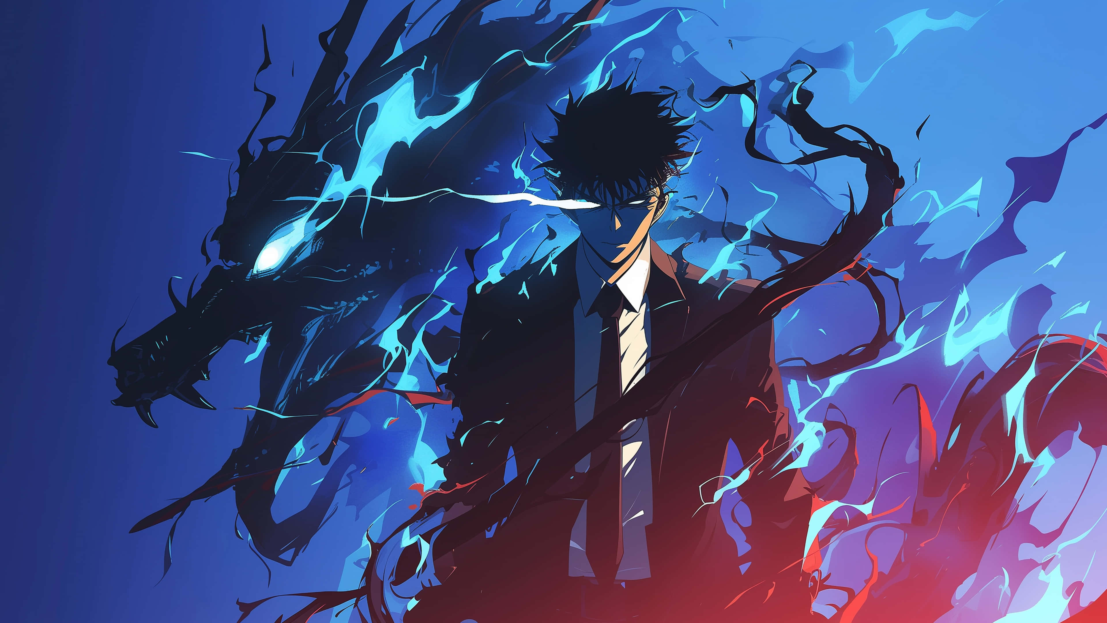 Eeppinen animepoika sinisellä salamakehällä 4K Taustakuvat