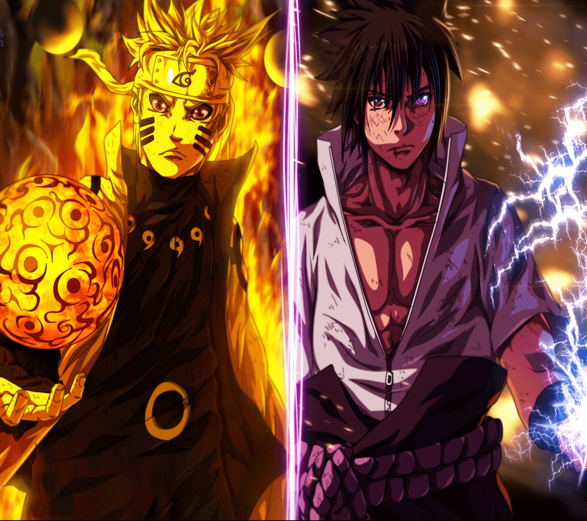 Naruton chakra, jutsu ja rasenshuriken vastaan Sasuken chidori ja rinnegan.
