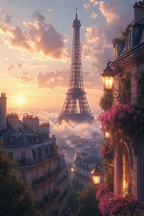 Eiffel-torni auringonnousussa Pariisin katoilla 4K Taustakuvat