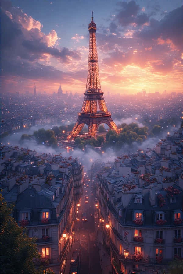 Eiffel-torni auringonnousussa Pariisin kattojen yllä 4K Taustakuvat