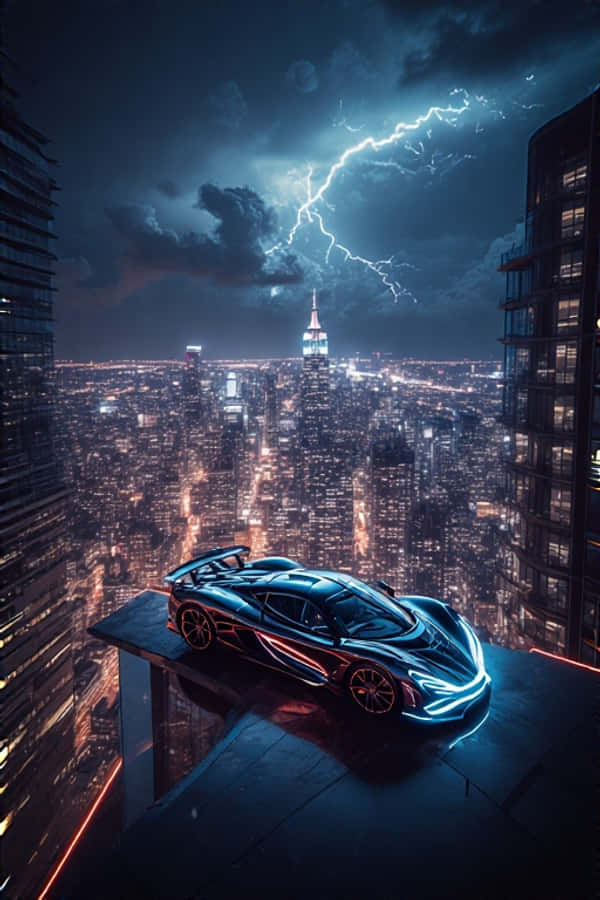 Eksoottinen hyperauto neonkaupungin katolla dramaattinen 4K Taustakuvat