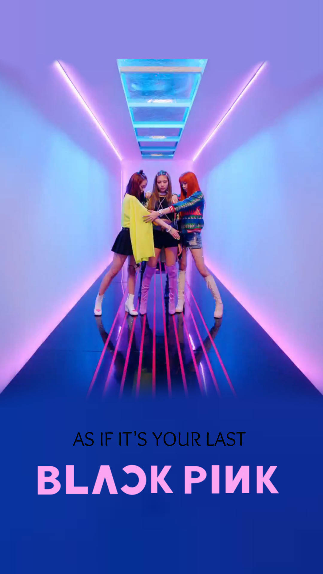 Blackpink-jäsenet neonvaloilla ja sinisellä lattialla As If It's Your Last -musiikkivideon taustakuvassa