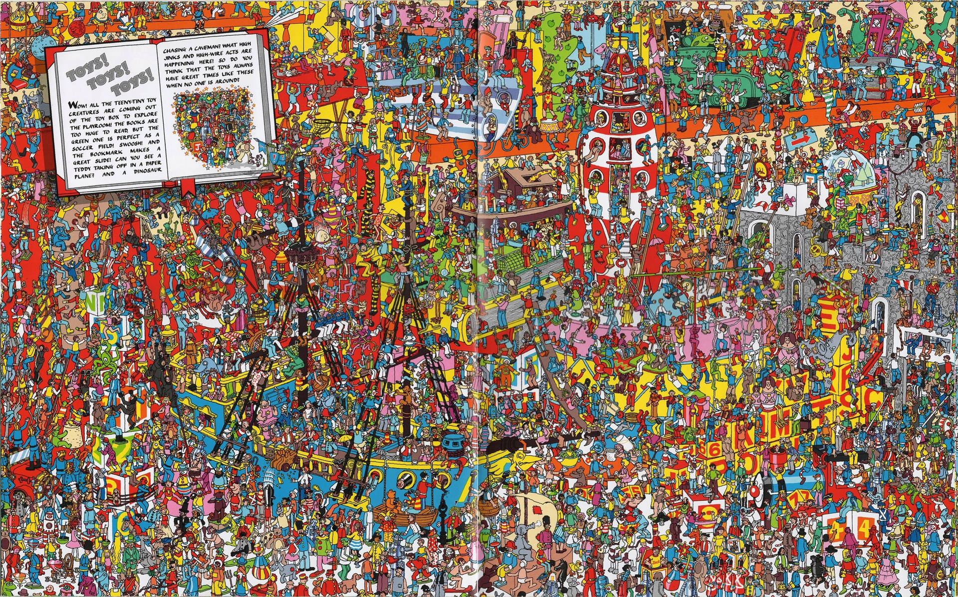 Elävä ja kiehtova kohtaus Etsi Waldo -kuvasta, jossa on miniatyyrileluhahmoja, herättäen lumoavan etsintäseikkailun.