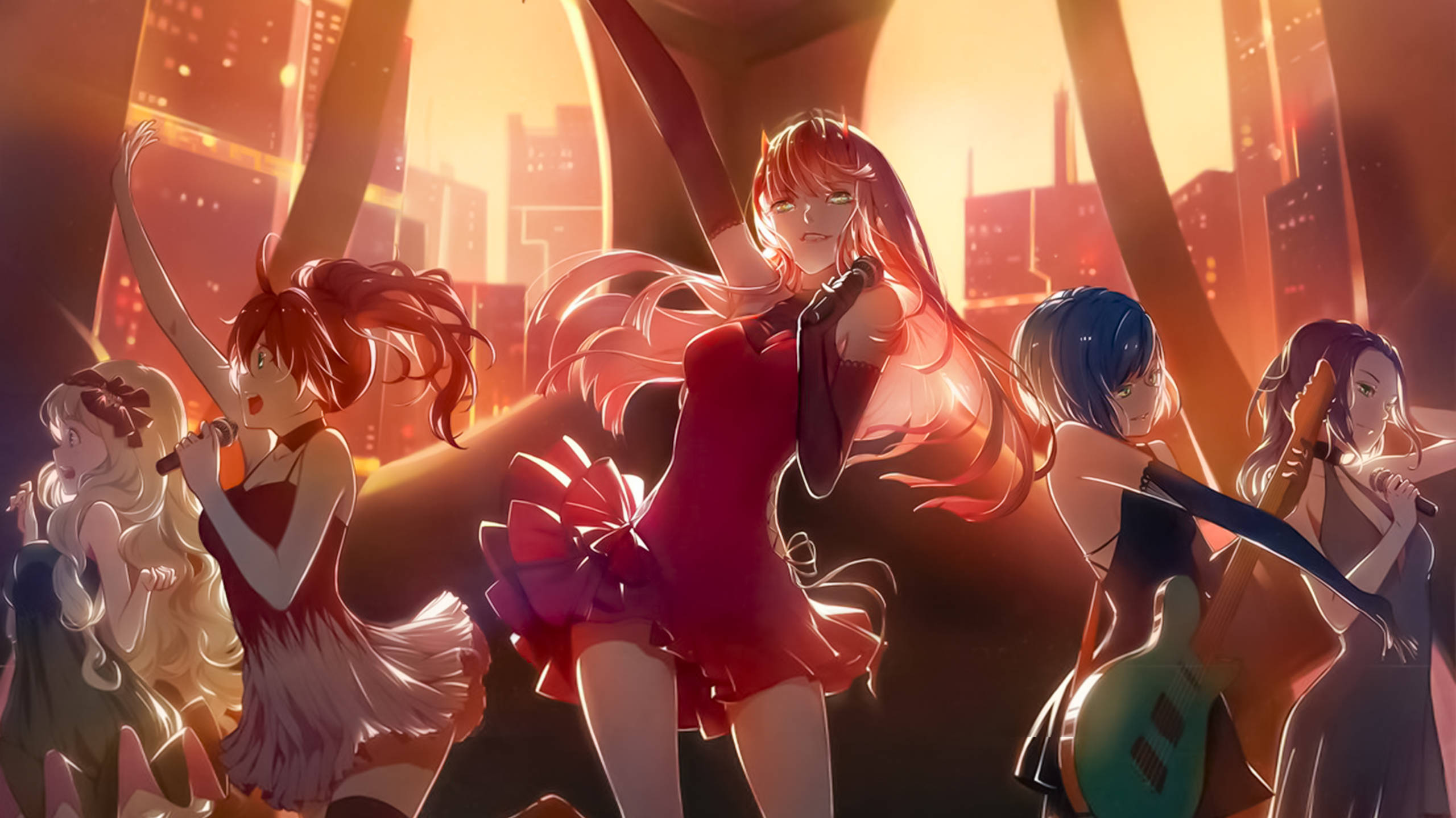 Energinen anime-tyttöbändi tanssii unenomaisella lavalla Taustakuvat