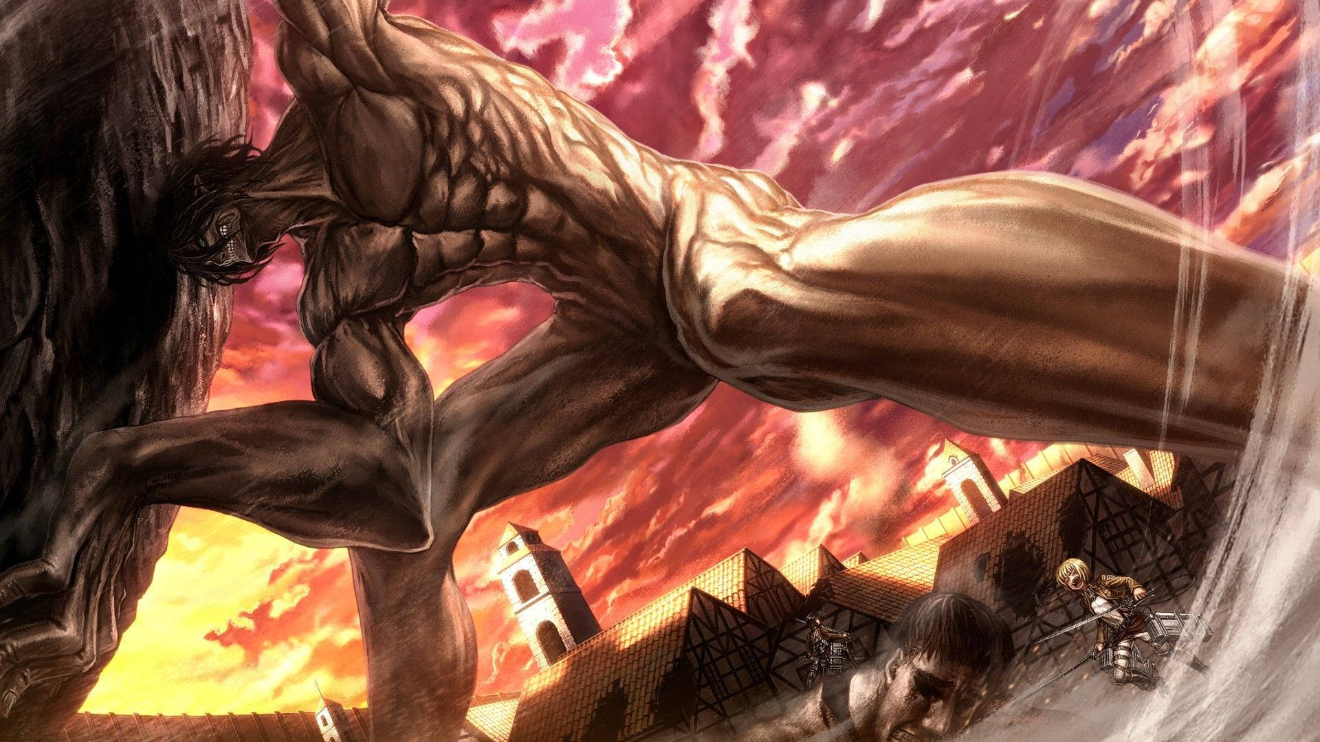 Eren Jaeger muuttuu jättiläiseksi Attack on Titanissa Taustakuvat