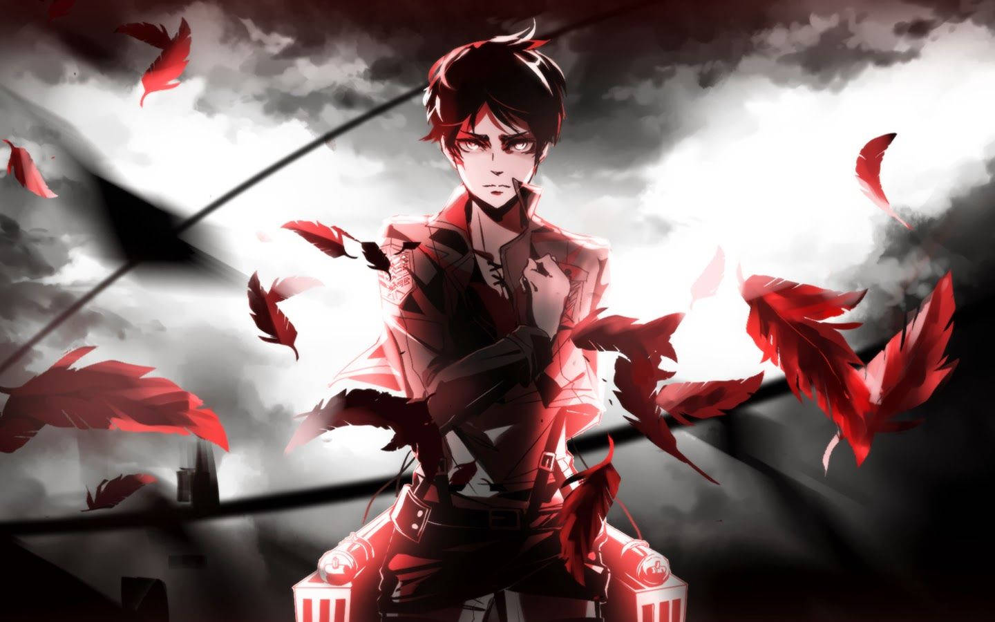 Eren Jaeger, urhea sotilas ja TV-animesarjan Attack on Titan sankari, tervehtii uhmakkaasti Taustakuvat