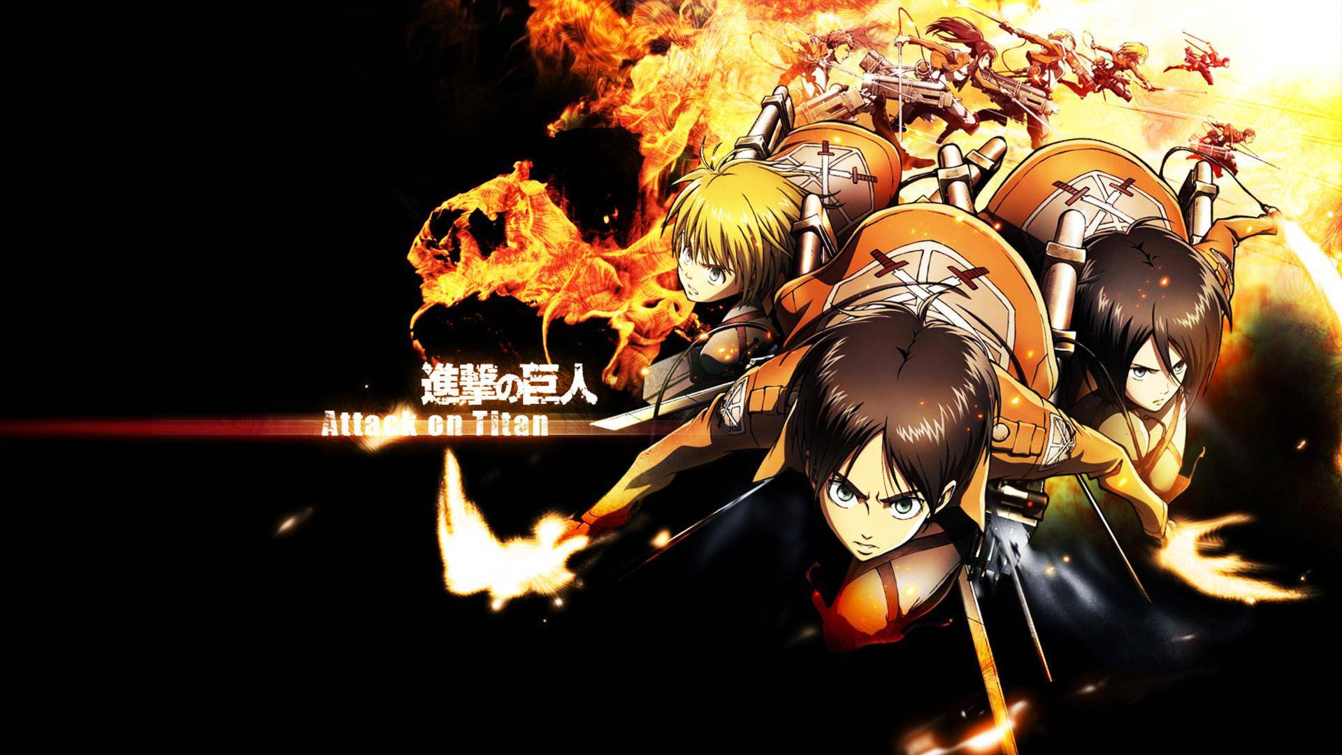 Eren, Mikasa ja Armin Attack on Titan -animesta liekehtivän tulijäljen kanssa taustakuvassa.
