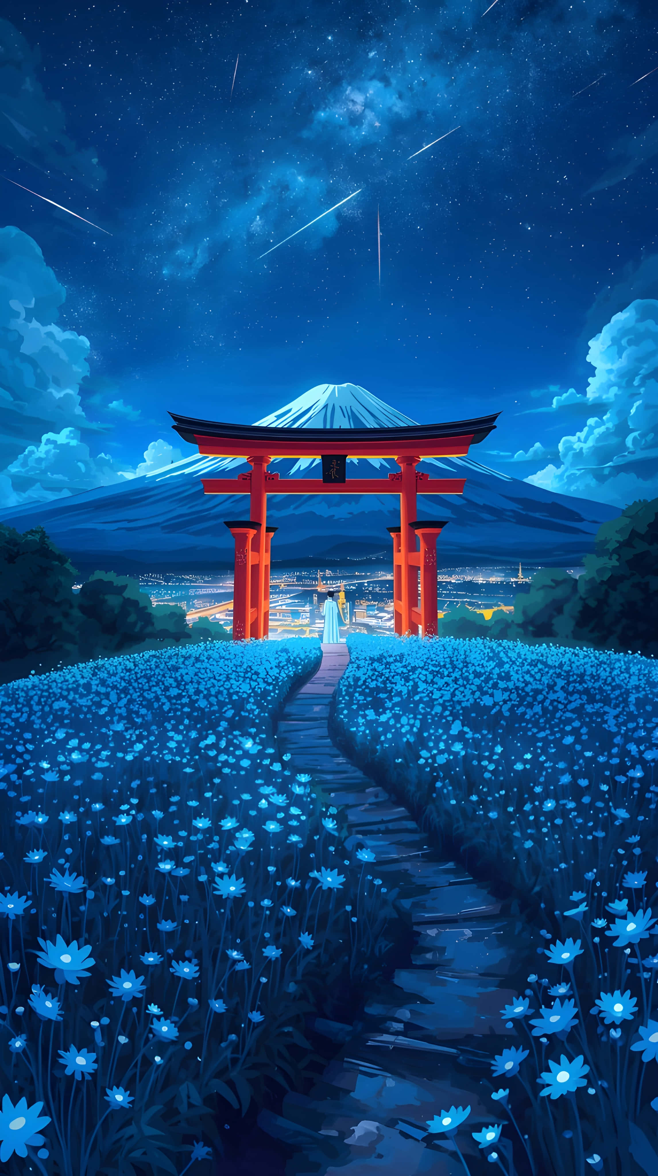 Esteettinen anime-tyylinen Japanin yömaisema Taustakuvat