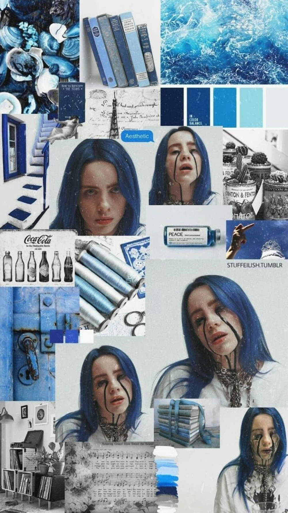 Esteettinen Billie Eilish sinivalkoinen kollaasi Taustakuvat