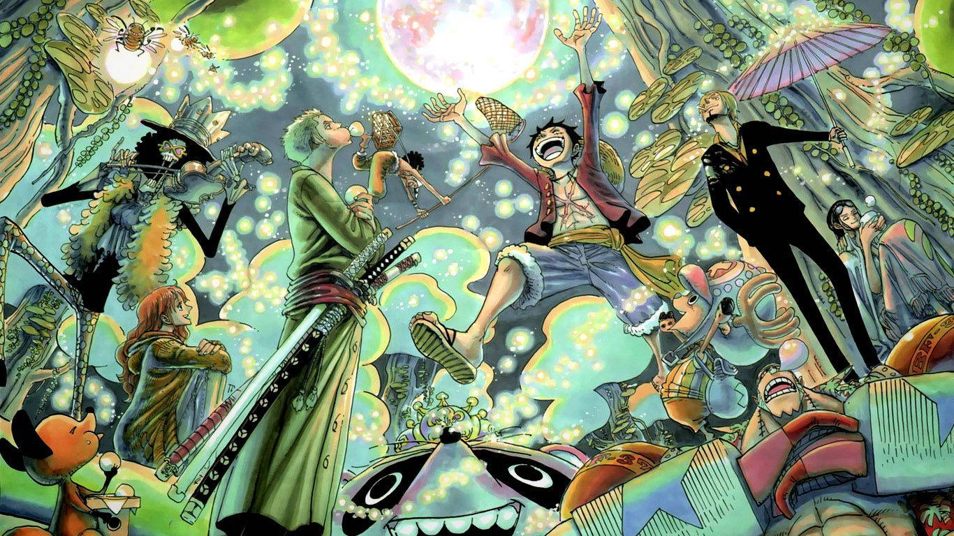 Olkihattumerirosvot esteettisessä turkoosinsinisessä One Piece -fanitaidetaustakuvassa.
