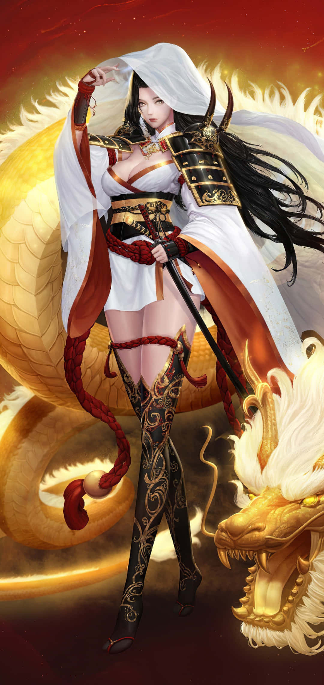 Fantasia Samurai Anime Tyttö Kultainen Lohikäärme Taustakuvat