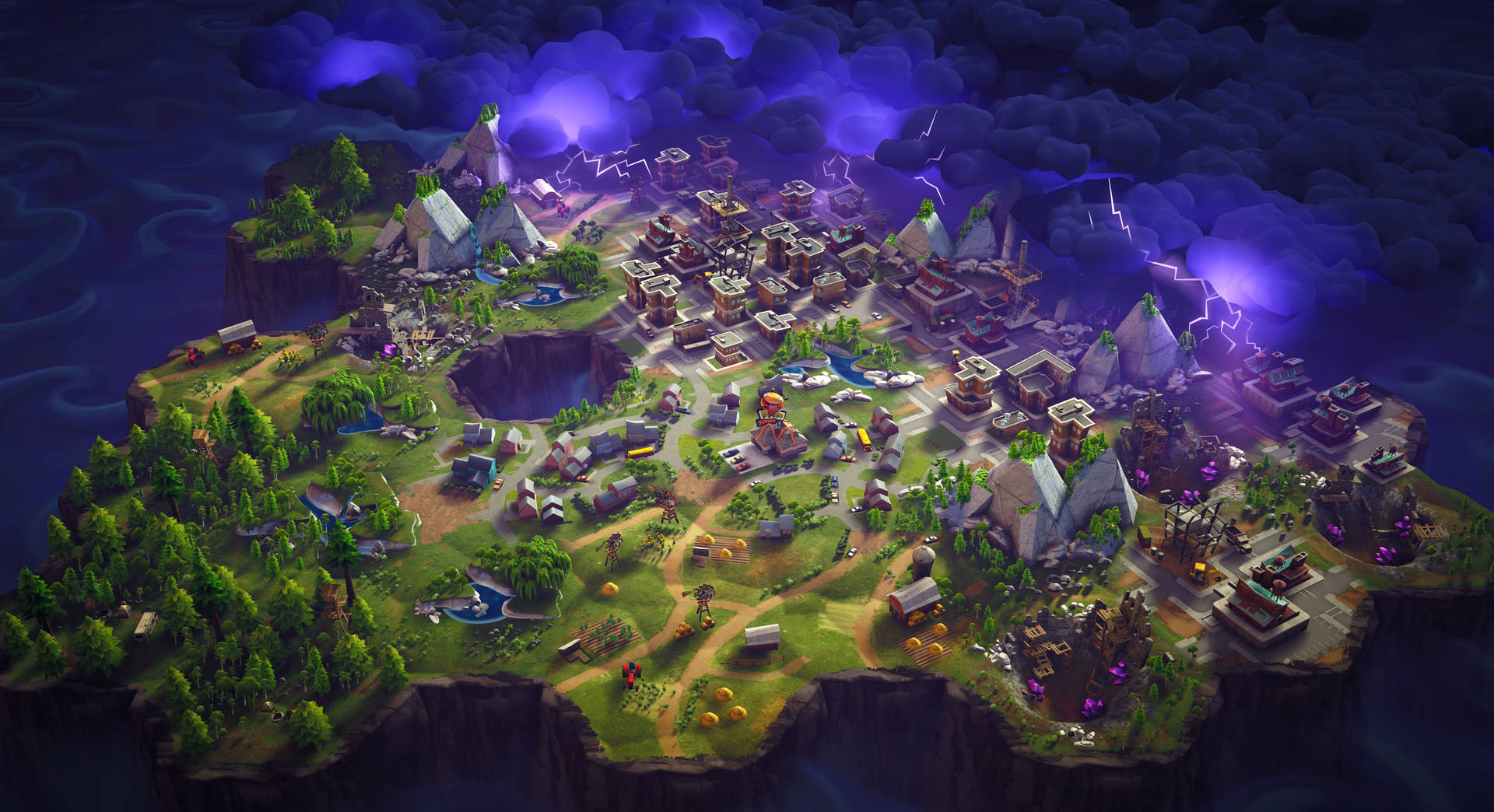 Kartta Fortnite-pelin maastoista taustakuvana.