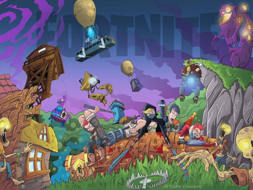 Söpö ja värikäs animoitu fanitaide Fortnitesta yöllä HD-taustakuva