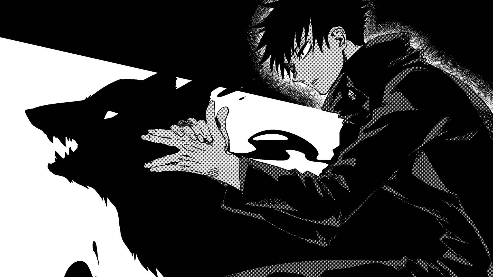 Jujutsu Kaisen -taustakuva Fushigurosta käyttämässä kirottua tekniikkaansa Jumalallinen Koira.