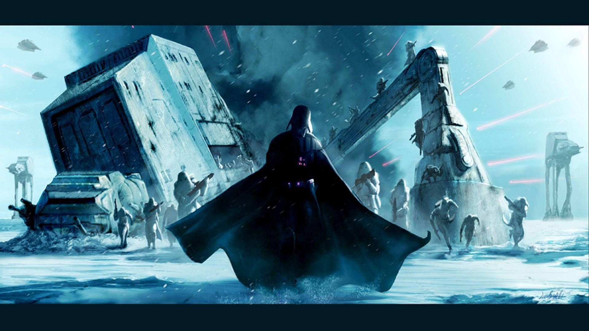 Star Wars -taustakuva Darth Vaderista seisomassa tuhotulla kaupunkiplaneetalla.