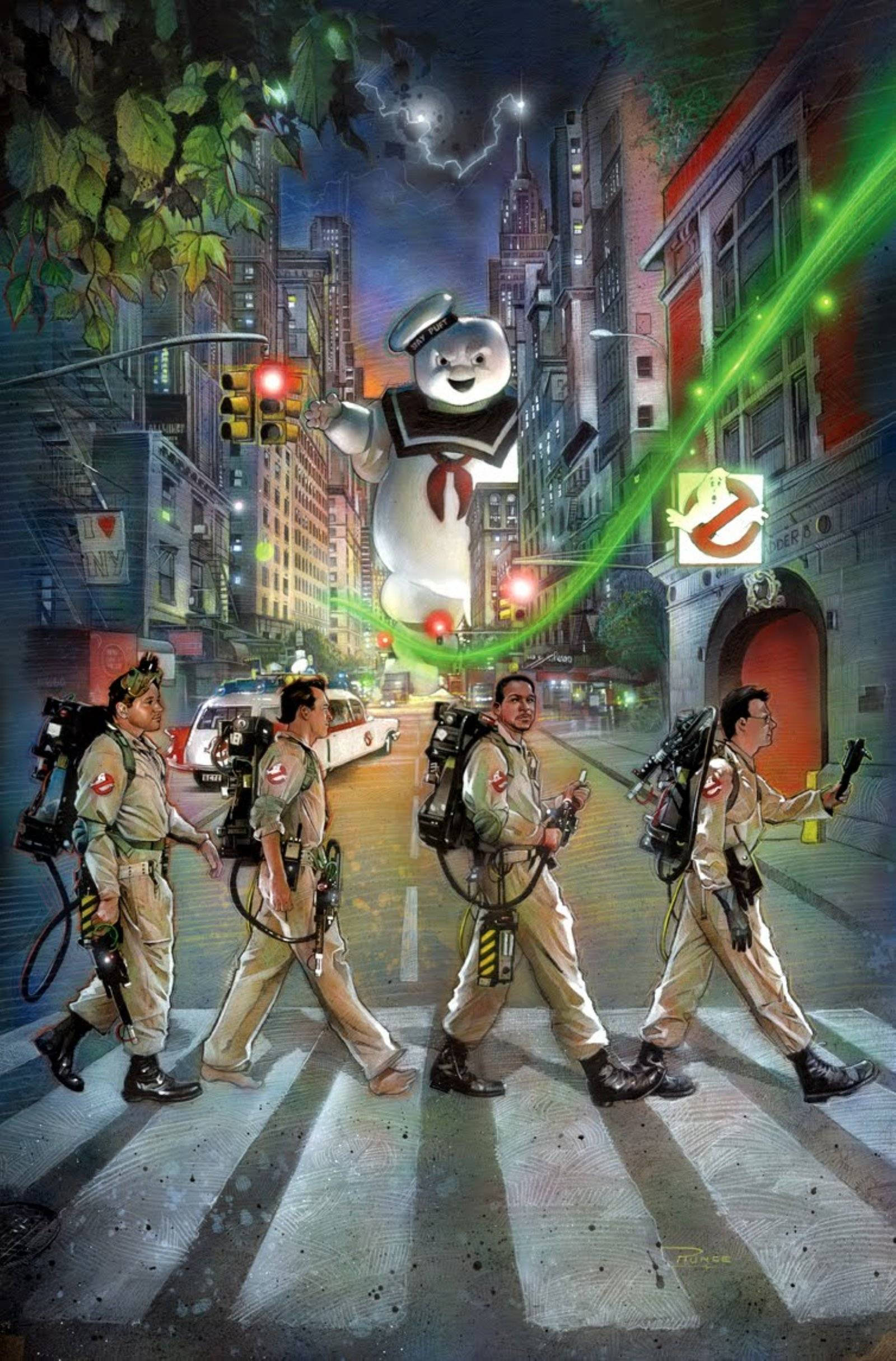 Ghostbusters-hahmot, yhdessä biitin perässä. Taustakuvat