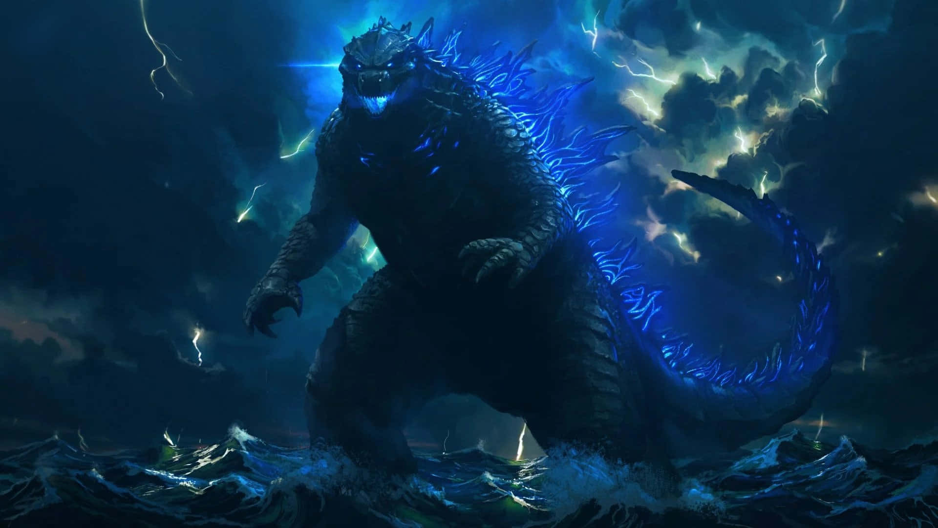Godzilla sininen neonvalo meren yllä Taustakuvat