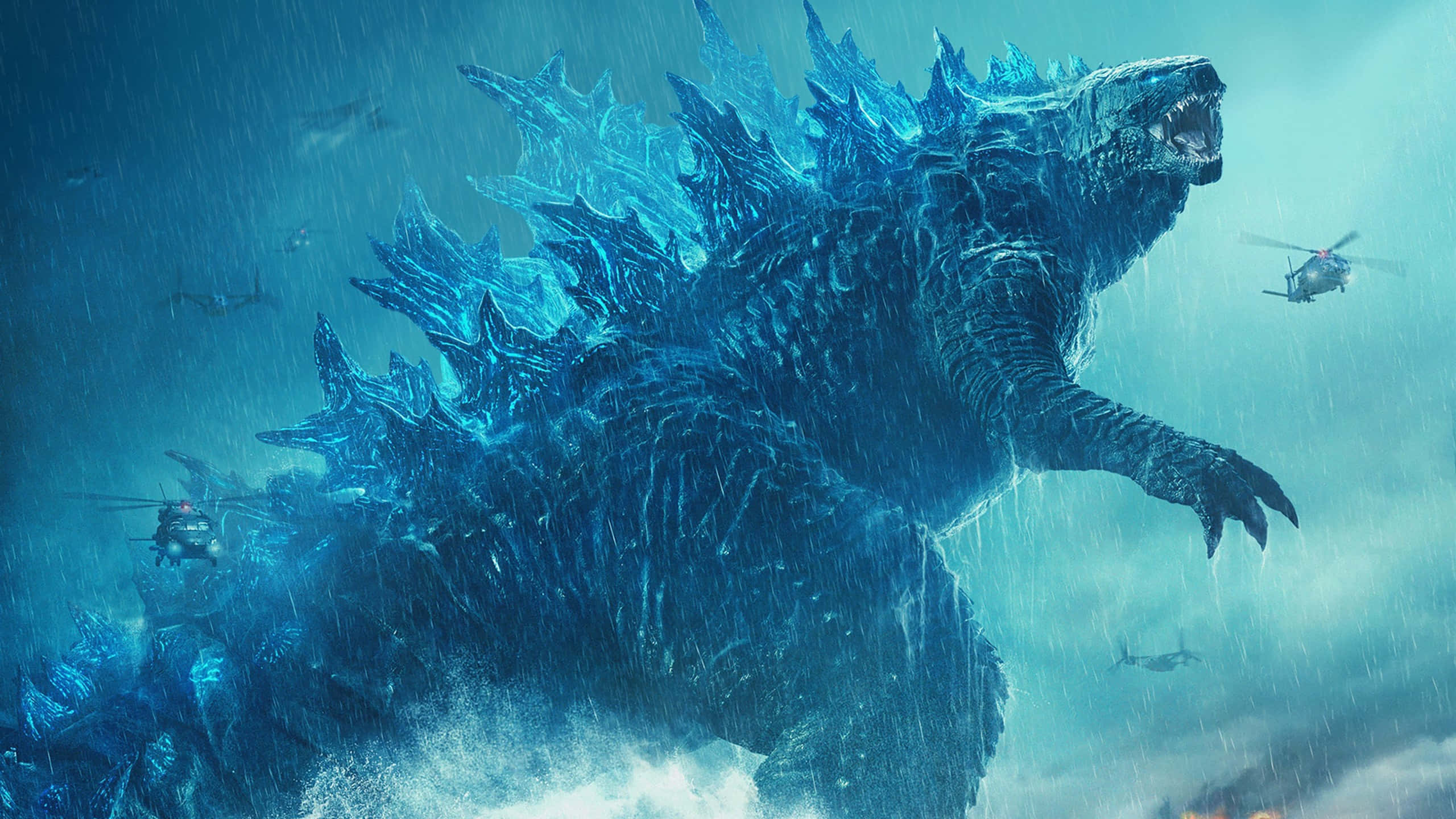 Godzilla sinisten neonvalojen ja helikopterien kuva Taustakuvat