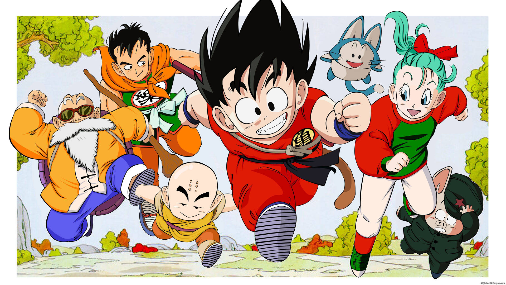 Nuori San Goku ja muita Dragon Ball Z -hahmoja juoksemassa planeetta Namekilla.