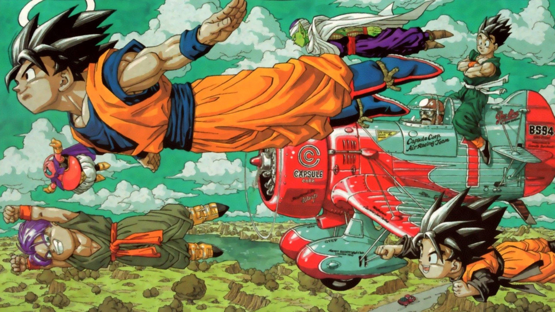 Dragon Ball Z San Goku Gohanin ja Gotenin kanssa lentämässä koneella, super saiyan hahmot.