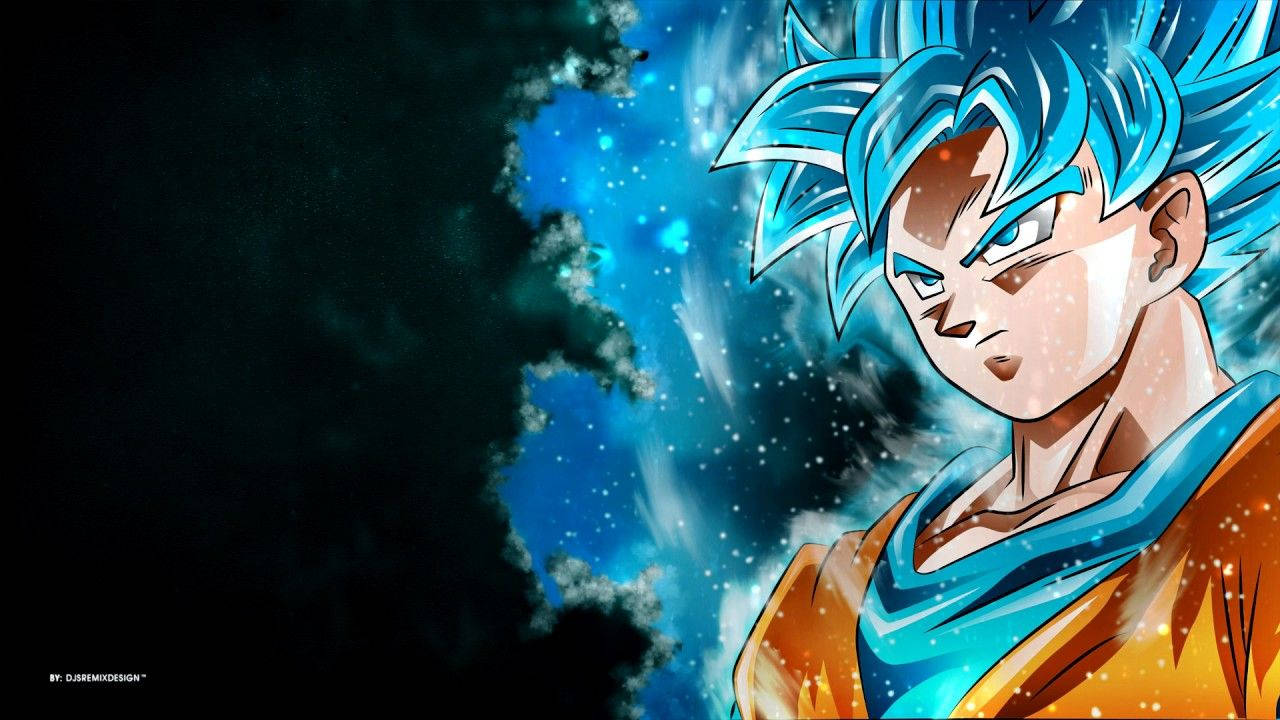 Taustakuva Son Gokusta Super Saiyan Blue -vaiheessa mustalla taustalla