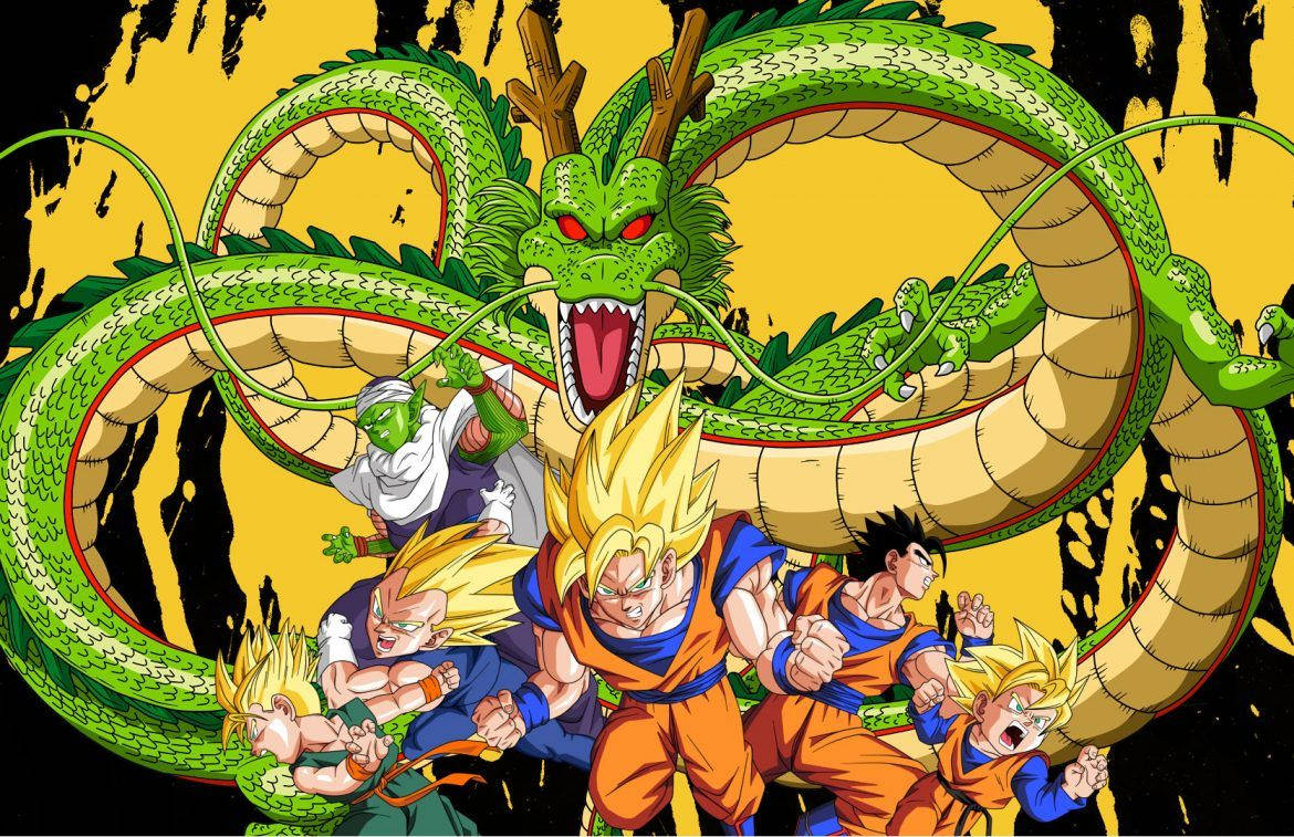 Dragon Ball Z San Goku ja muita hahmoja super saiyan -tilassa Shenronin, vihreän lohikäärmeen, kanssa.