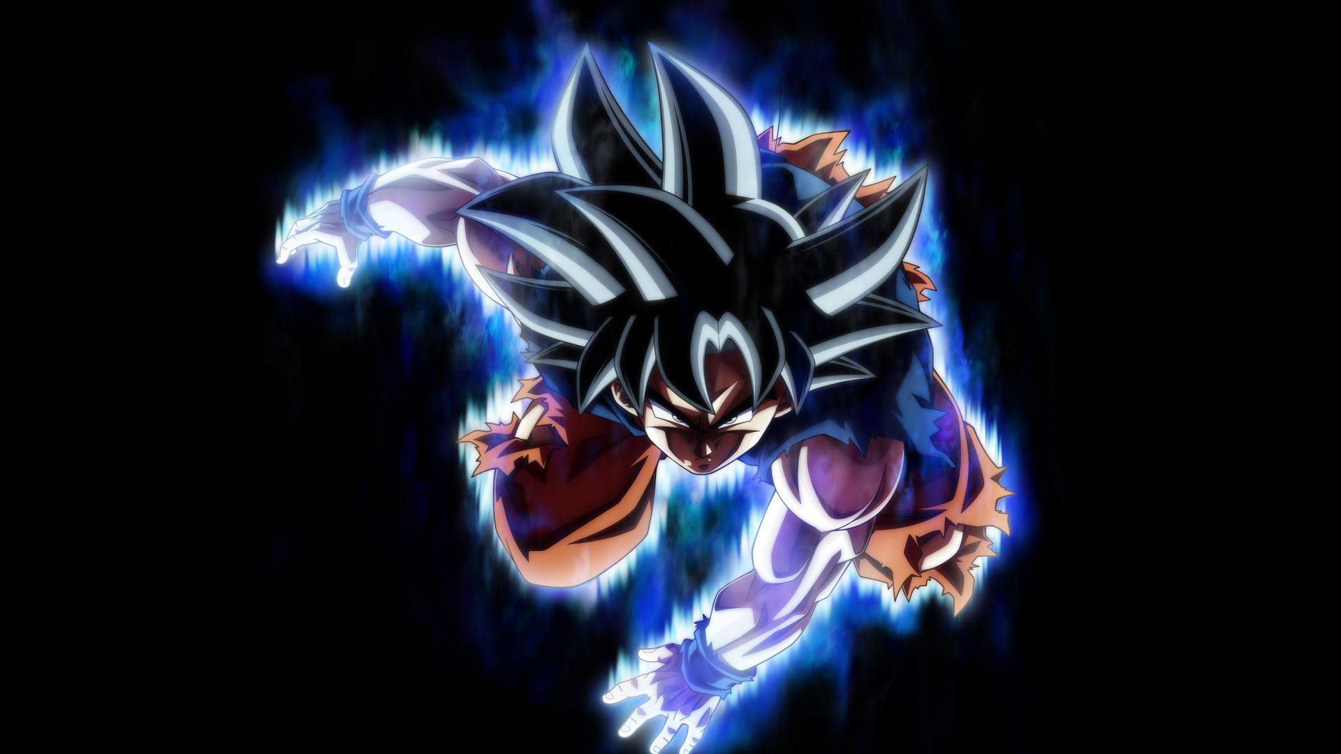 Dragon Ball Goku sinisellä salamavoimalla super broly, muuttumassa super saiyan -tilaan.