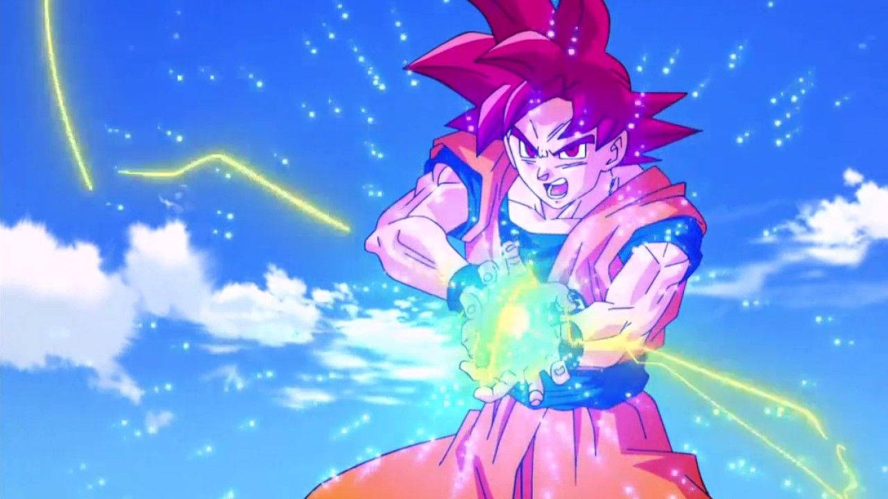 Dragon Ball Z Kamehameha-aalto ja San Goku sinisellä tulipallolla, super saiyan anime.