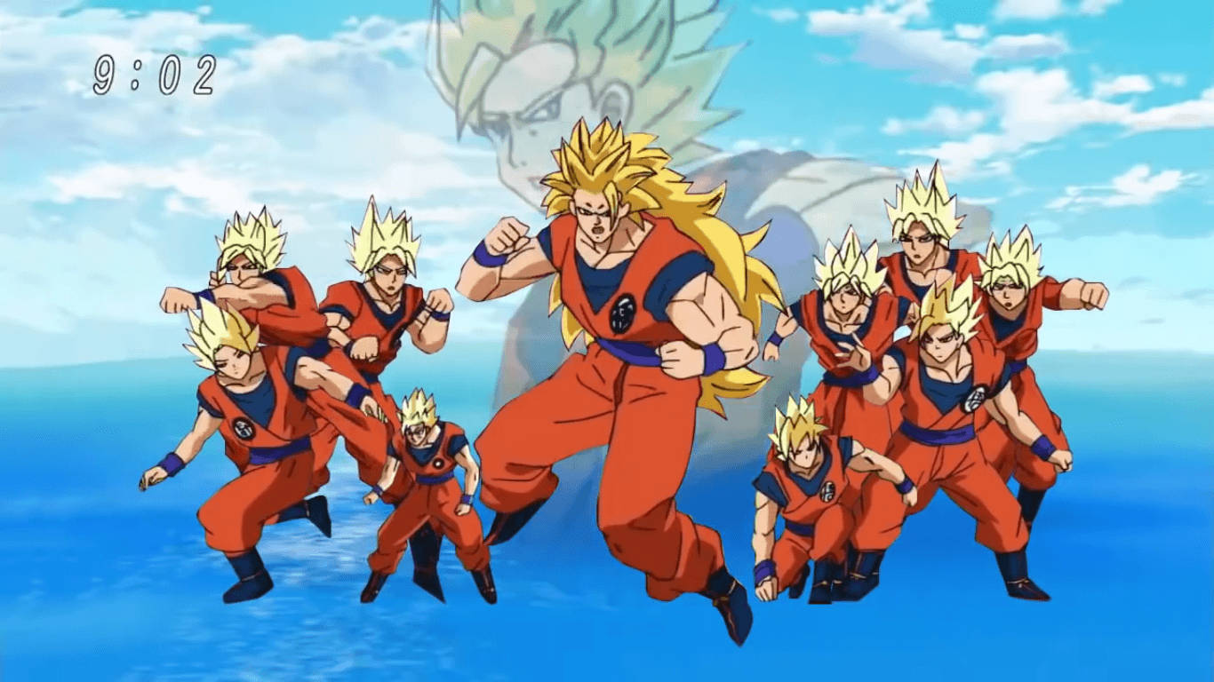 Dragon Ball Z San Goku super broly, useita super saiyaneita yhdessä, animehahmo piikkisillä keltaisilla hiuksilla.