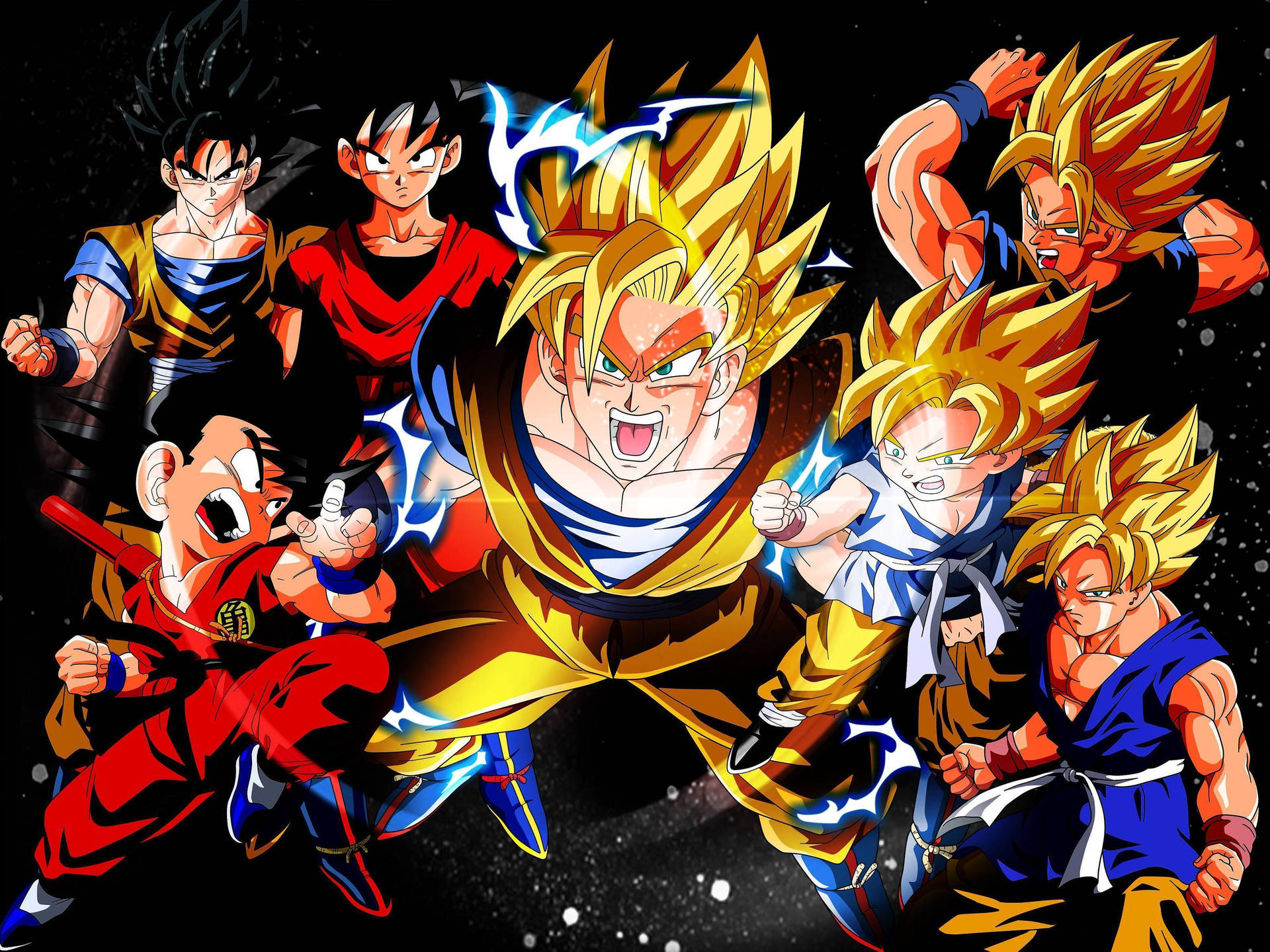 Taustakuva Gokun eri Super Saiyan -vaiheista